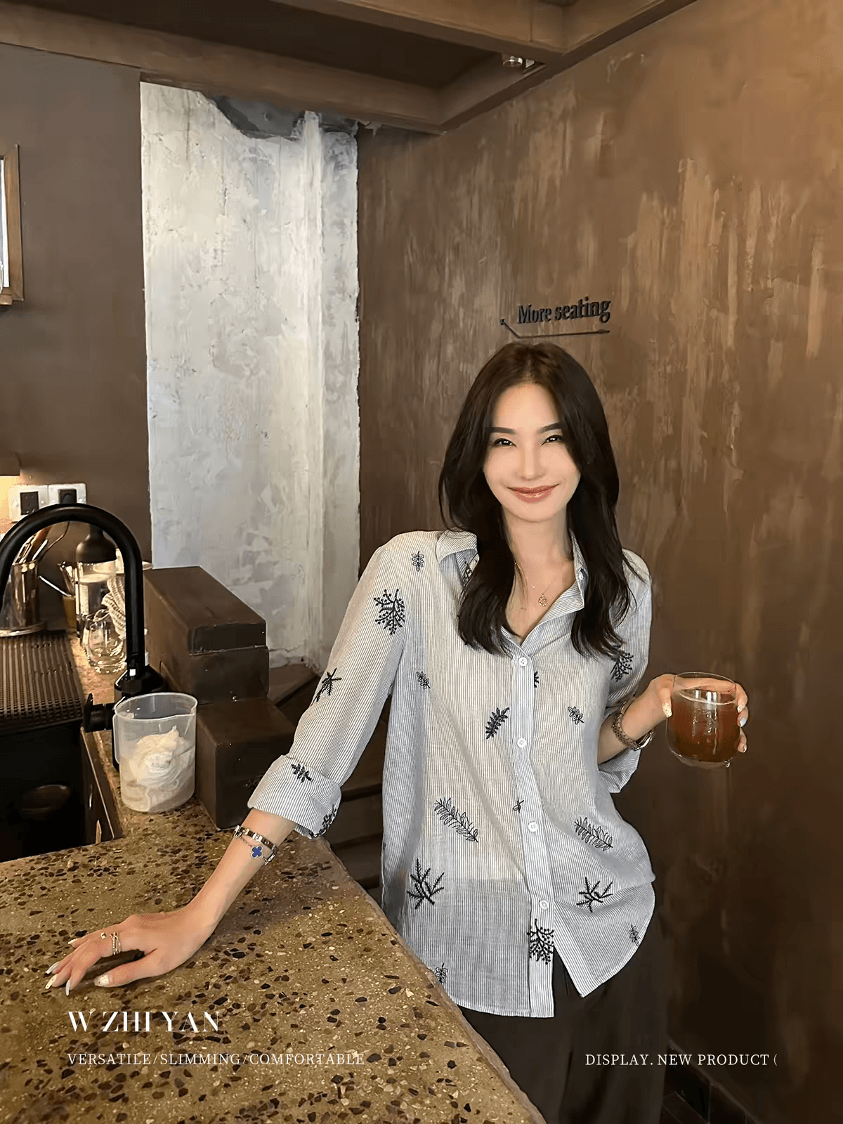 왕 지혜 妍 느긋한 느슨함 센스 자수 파란색 스트라이프 긴팔 여성 셔츠 루즈핏 슬림해 보이는 캐주얼 다용도 셔츠 상세 이미지 1