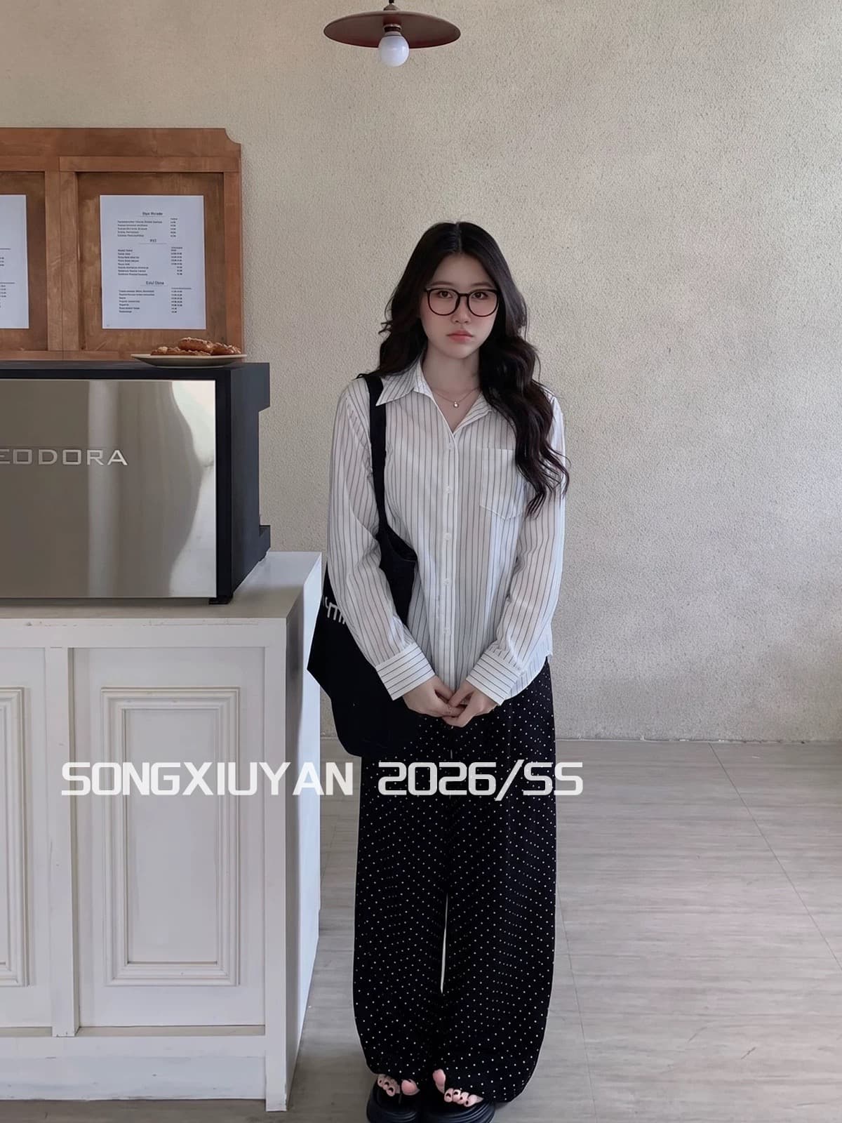 송 보여주기 妍 seniors 한 부서 느슨함 센스 스트라이프 폴로 칼라 셔츠 캐주얼 루즈핏 허리 명중 Pleat 긴팔 셔츠 상세 이미지 3