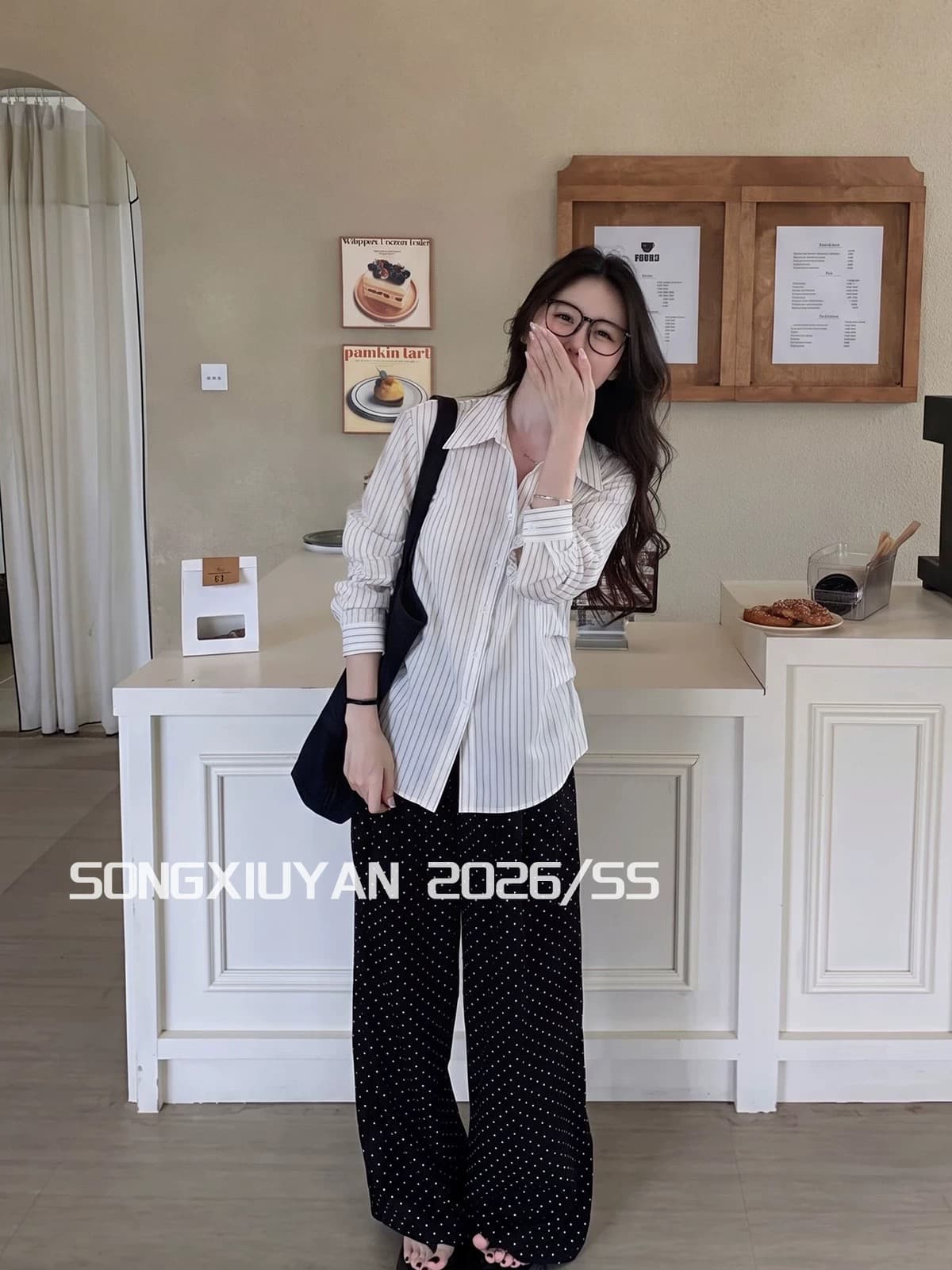 송 보여주기 妍 seniors 한 부서 느슨함 센스 스트라이프 폴로 칼라 셔츠 캐주얼 루즈핏 허리 명중 Pleat 긴팔 셔츠 상세 이미지 4