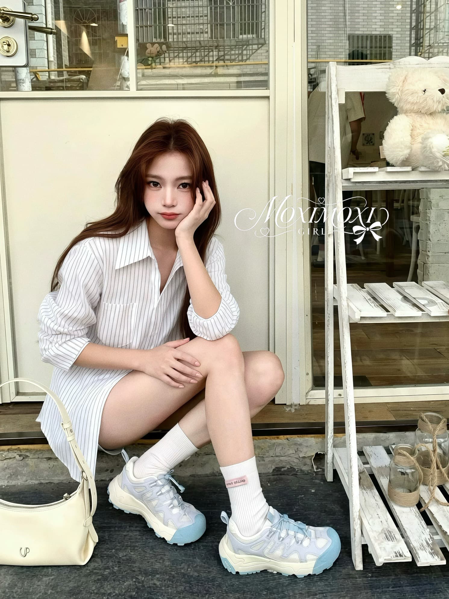 moxi 한 부서 스트라이프 폴로 칼라 여성 셔츠 가을 루즈핏 캐주얼 허리 명중 Pleat 디자인 센스 긴팔 셔츠 맨위 상세 이미지 4