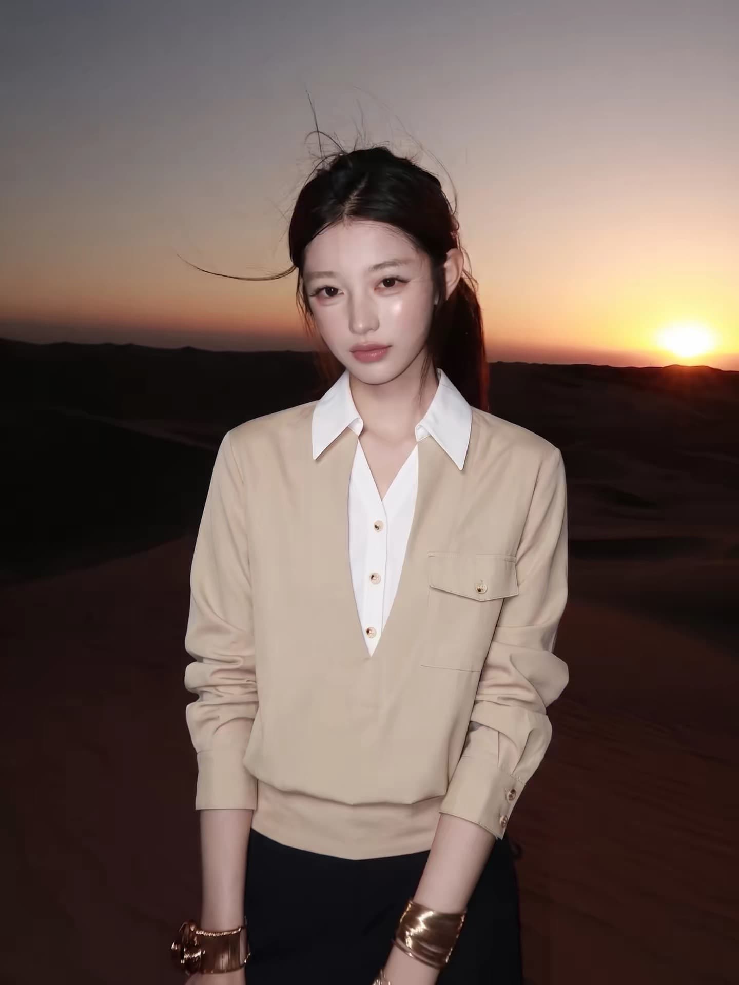 살구 색상 V넥 패치워크 페이크 레이어드 맨위 허리 수축 슬림해 보이는 동점 벨트 주머니 디자인 센스 루즈핏 긴팔 작은 셔츠 여성 상세 이미지 2
