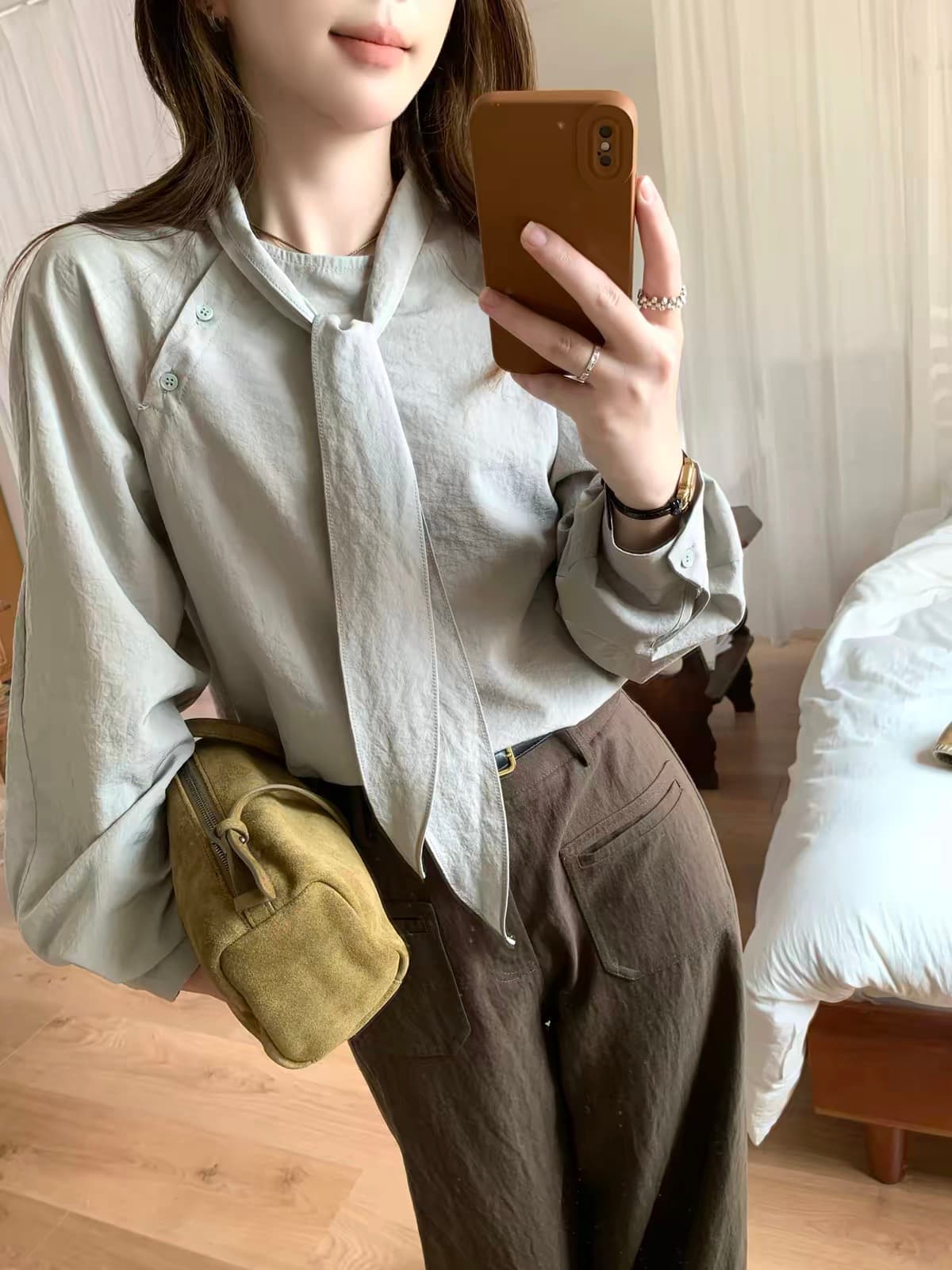 berry 안녕하세요. 너 그리고 해피 대 격통 맞춤 회색 녹색 품격 디스플레이 화이트 레이스업 여성 셔츠 느긋한 디자인 센스 맨위 이미지 2