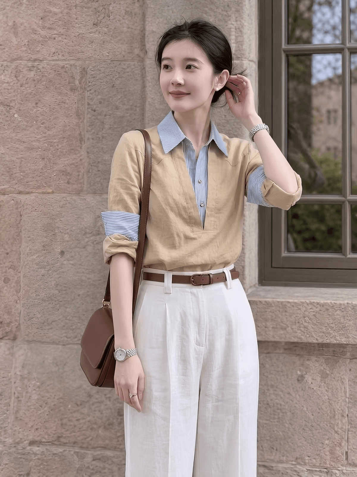 한 부서 직장 스트라이프 패치워크 셔츠 2026 가을 새로운 카키 폴로 칼라 페이크 레이어드 아마 여성 품격 맨위 상세 이미지 1