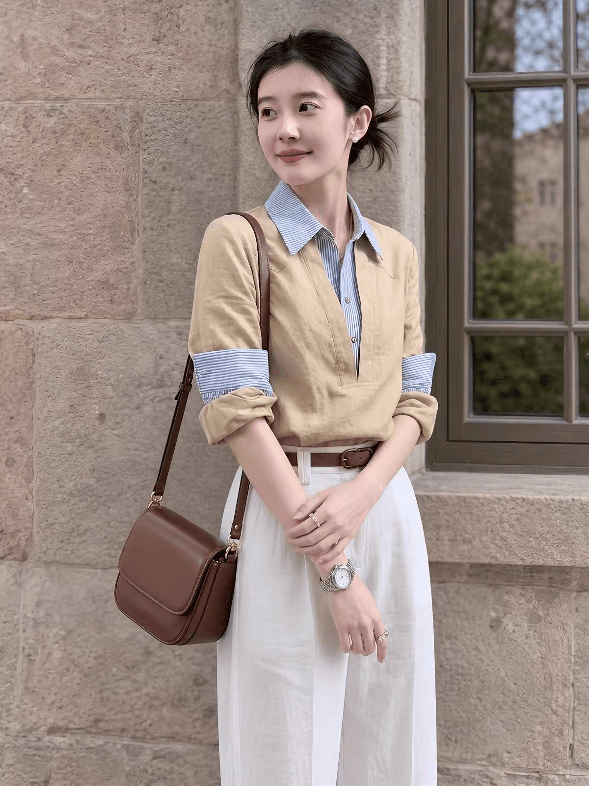한 부서 직장 스트라이프 패치워크 셔츠 2026 가을 새로운 카키 폴로 칼라 페이크 레이어드 아마 여성 품격 맨위 상세 이미지 3