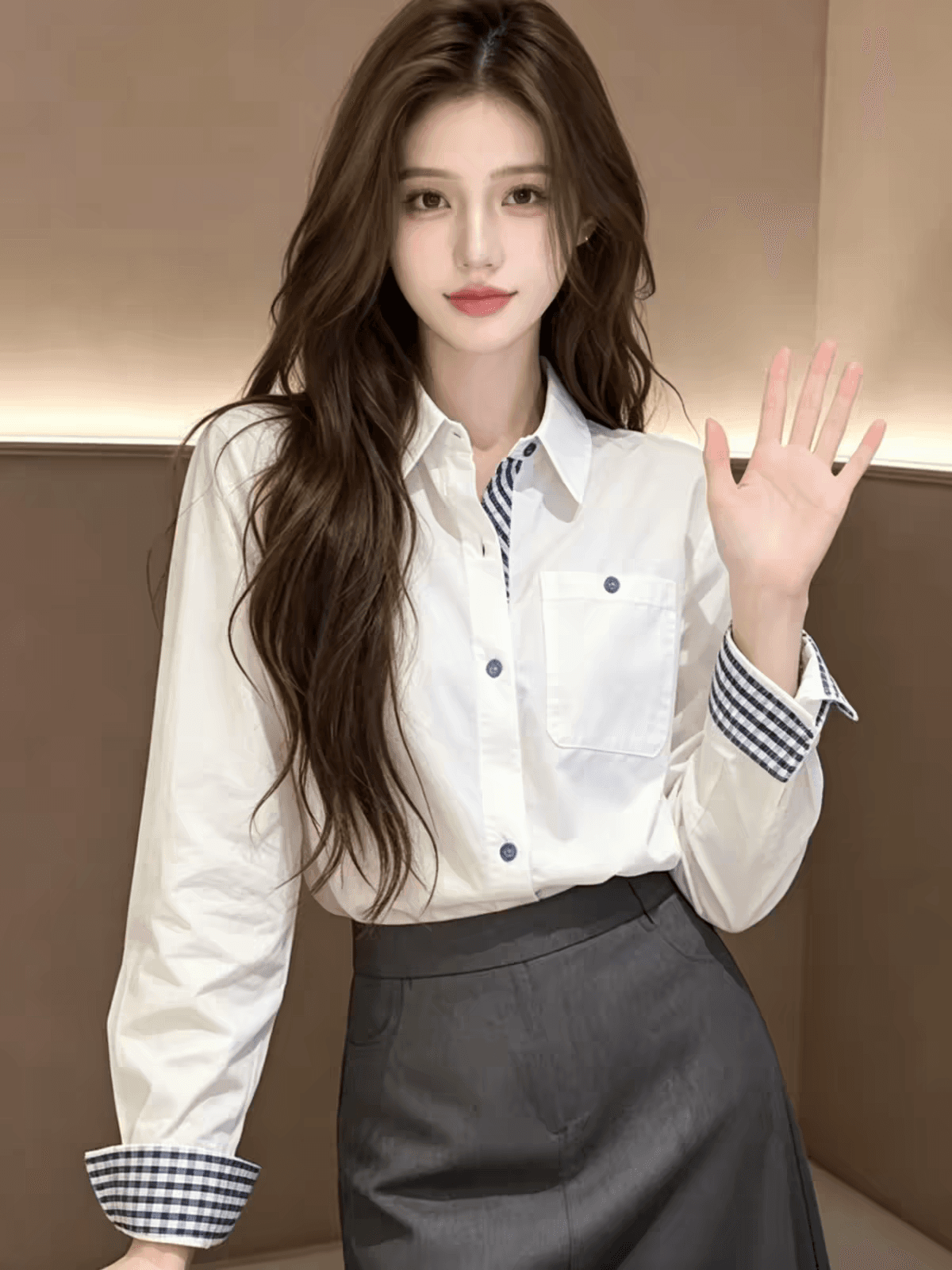 화이트 POLO 칼라 긴팔 셔츠 여성 가을 디자인 센스 프랑스식 패치워크 체크무늬 코치 사소한 셔츠 맨위 이미지 3