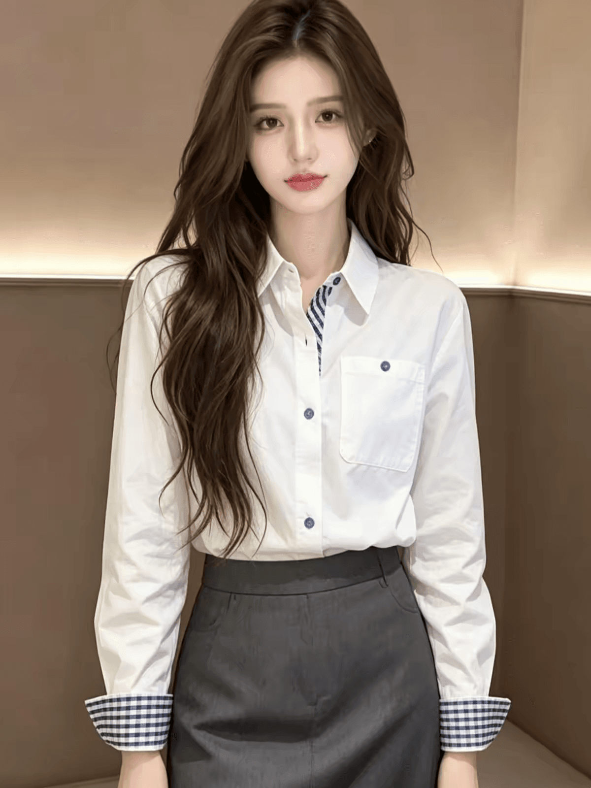 화이트 POLO 칼라 긴팔 셔츠 여성 가을 디자인 센스 프랑스식 패치워크 체크무늬 코치 사소한 셔츠 맨위 상세 이미지 2