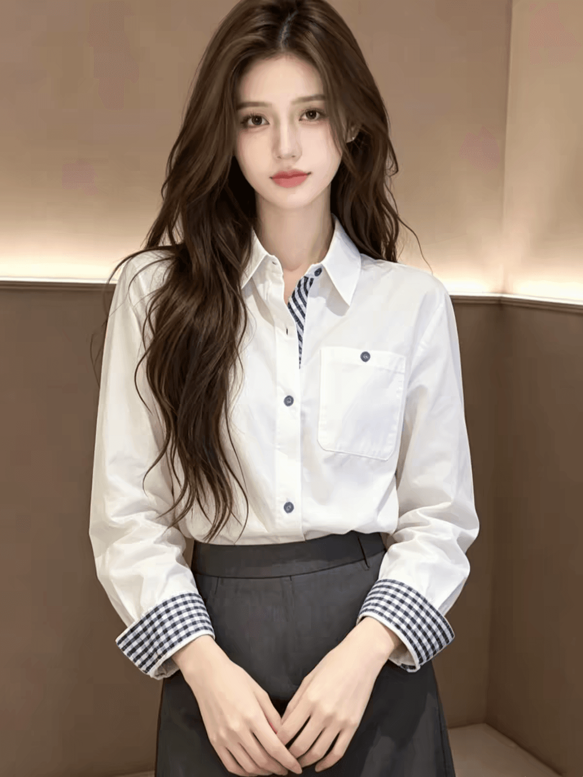 화이트 POLO 칼라 긴팔 셔츠 여성 가을 디자인 센스 프랑스식 패치워크 체크무늬 코치 사소한 셔츠 맨위 상세 이미지 4