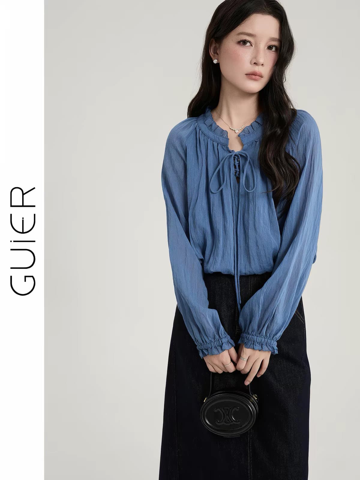 guier 레이스 레이스업 여성 셔츠 2026 새로운 가을 작은 대중 레트로 고급 슬림해 보이는 캐주얼 맨위 이미지 2