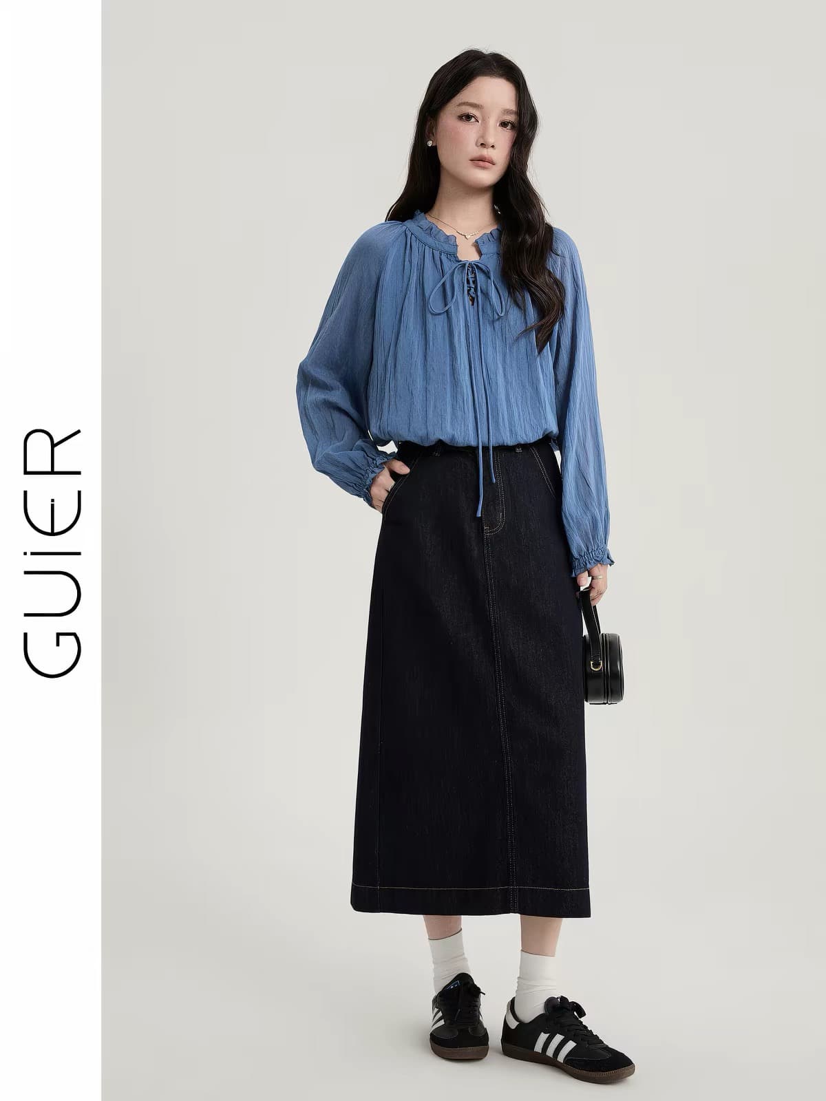 guier 레이스 레이스업 여성 셔츠 2026 새로운 가을 작은 대중 레트로 고급 슬림해 보이는 캐주얼 맨위 이미지 3