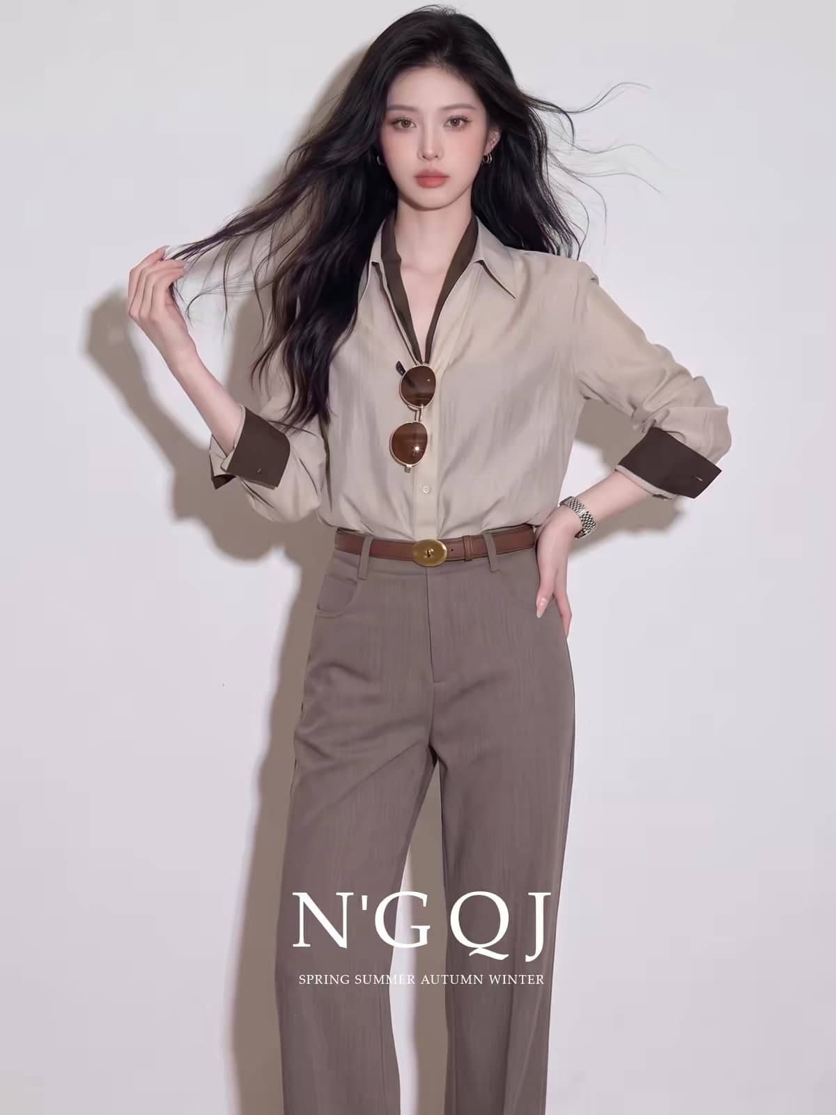 2026 이른 가을 새로운 빛 요리 한 오래된 돈 바람 미니멀리즘 페이크 레이어드 긴팔 셔츠 스트레이트 팬츠 세트 출퇴근 투피스 세트 이미지 3