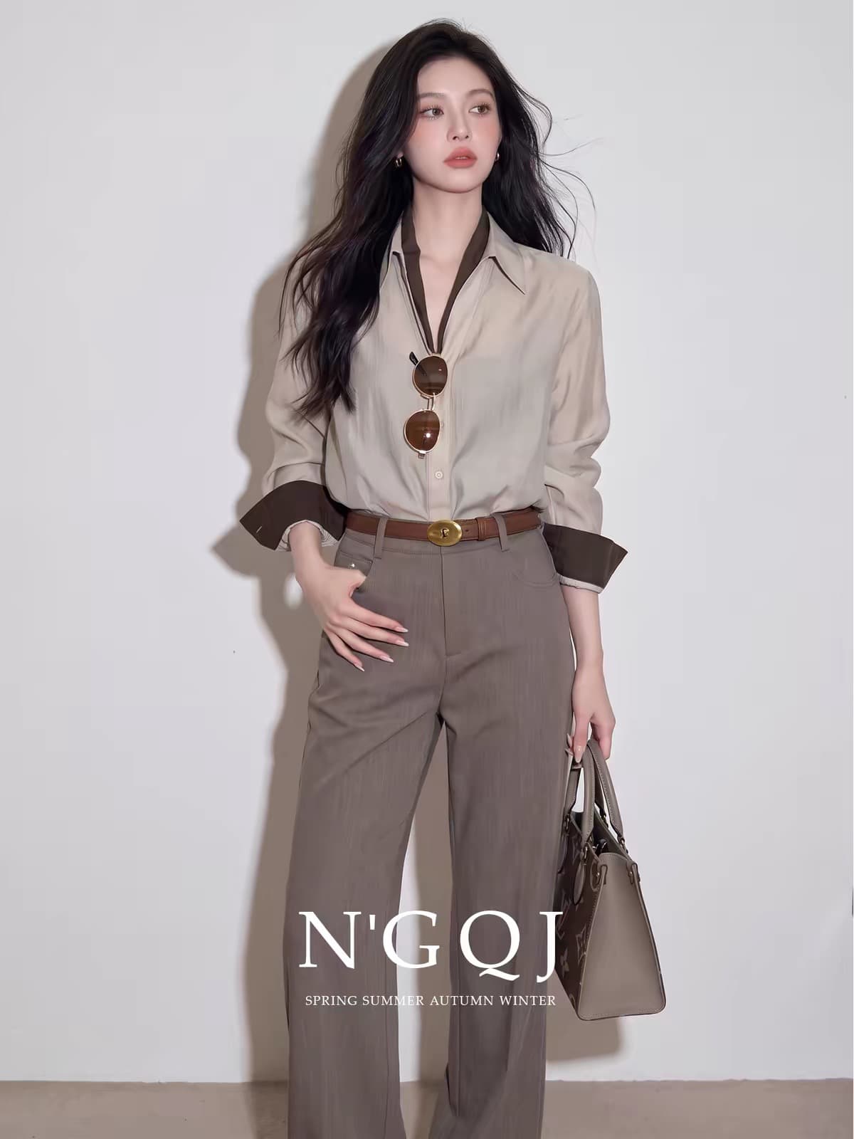 2026 이른 가을 새로운 빛 요리 한 오래된 돈 바람 미니멀리즘 페이크 레이어드 긴팔 셔츠 스트레이트 팬츠 세트 출퇴근 투피스 세트 상세 이미지 1