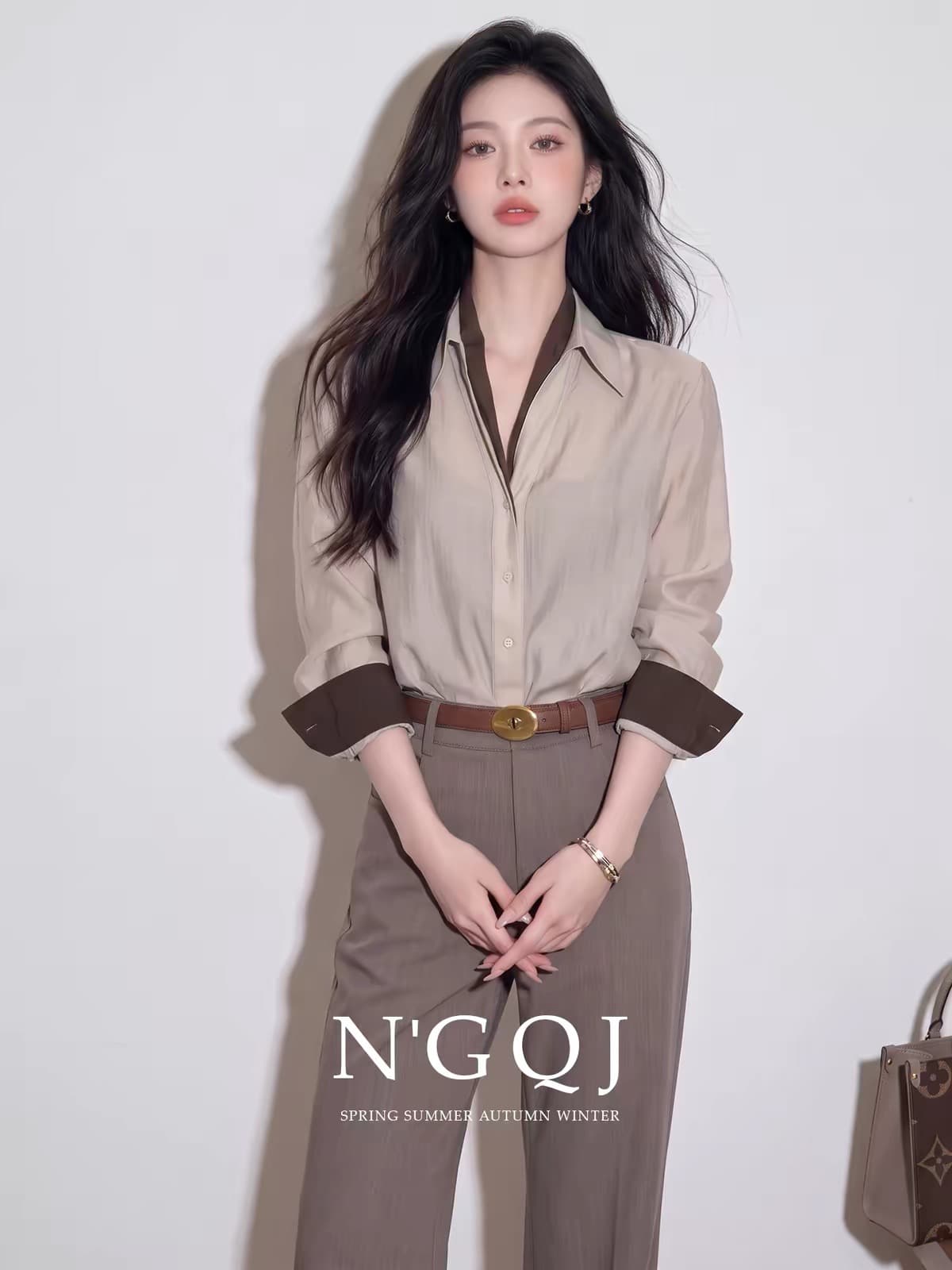 2026 이른 가을 새로운 빛 요리 한 오래된 돈 바람 미니멀리즘 페이크 레이어드 긴팔 셔츠 스트레이트 팬츠 세트 출퇴근 투피스 세트 상세 이미지 2