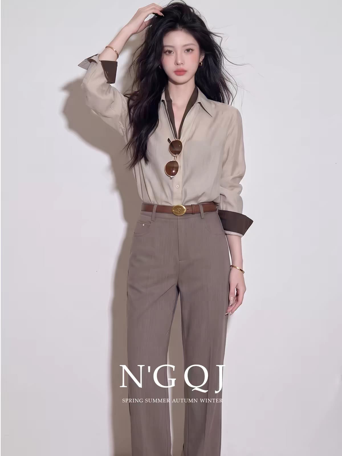 2026 이른 가을 새로운 빛 요리 한 오래된 돈 바람 미니멀리즘 페이크 레이어드 긴팔 셔츠 스트레이트 팬츠 세트 출퇴근 투피스 세트 상세 이미지 4
