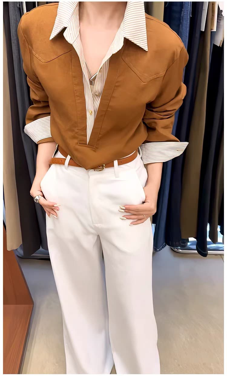 유럽 상품 오래된 돈 바람 레트로 POLO 칼라 페이크 레이어드 여성 셔츠 2026 가을 새로운 스트라이프 패치워크 긴팔 셔츠 이미지 4