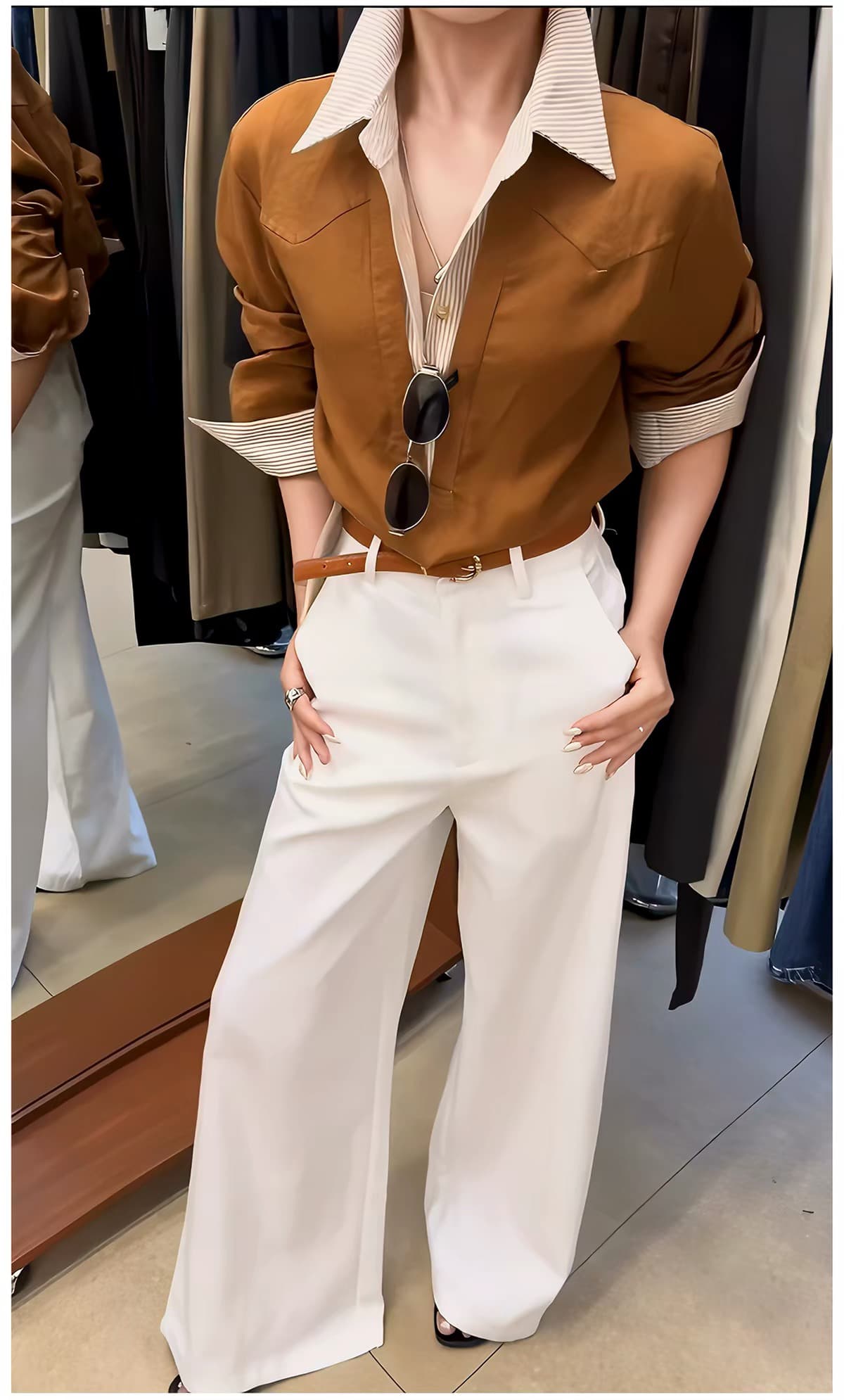 유럽 상품 오래된 돈 바람 레트로 POLO 칼라 페이크 레이어드 여성 셔츠 2026 가을 새로운 스트라이프 패치워크 긴팔 셔츠 상세 이미지 3