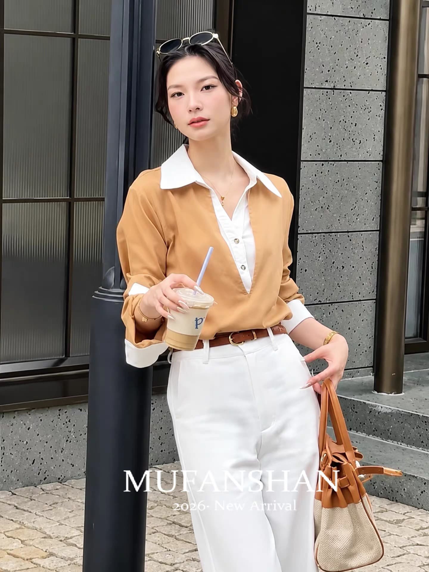 프랑스식 빛 요리 한 바람 외국 가스 연령 감소 고급 센스 패션 아름다운 카키 색 페이크 레이어드 여성 셔츠 2026 가을 이미지 3