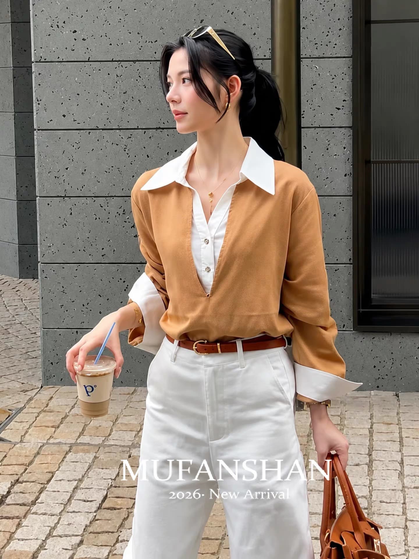 프랑스식 빛 요리 한 바람 외국 가스 연령 감소 고급 센스 패션 아름다운 카키 색 페이크 레이어드 여성 셔츠 2026 가을 이미지 4