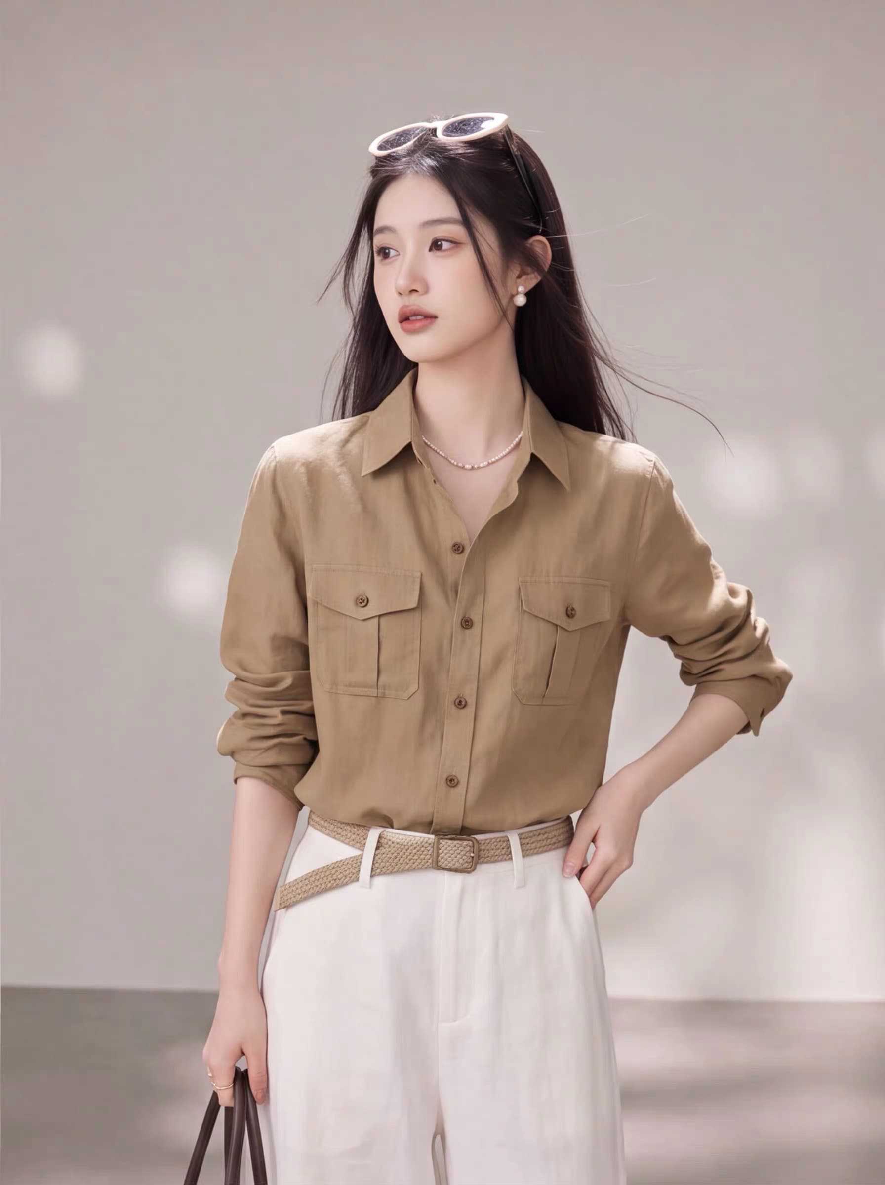 느슨함 센스 오래된 돈 바람 레트로 카키 색 더블 주머니 여성 셔츠 2026 가을 긴팔 루즈핏 디자인 센스 맨위 이미지 2