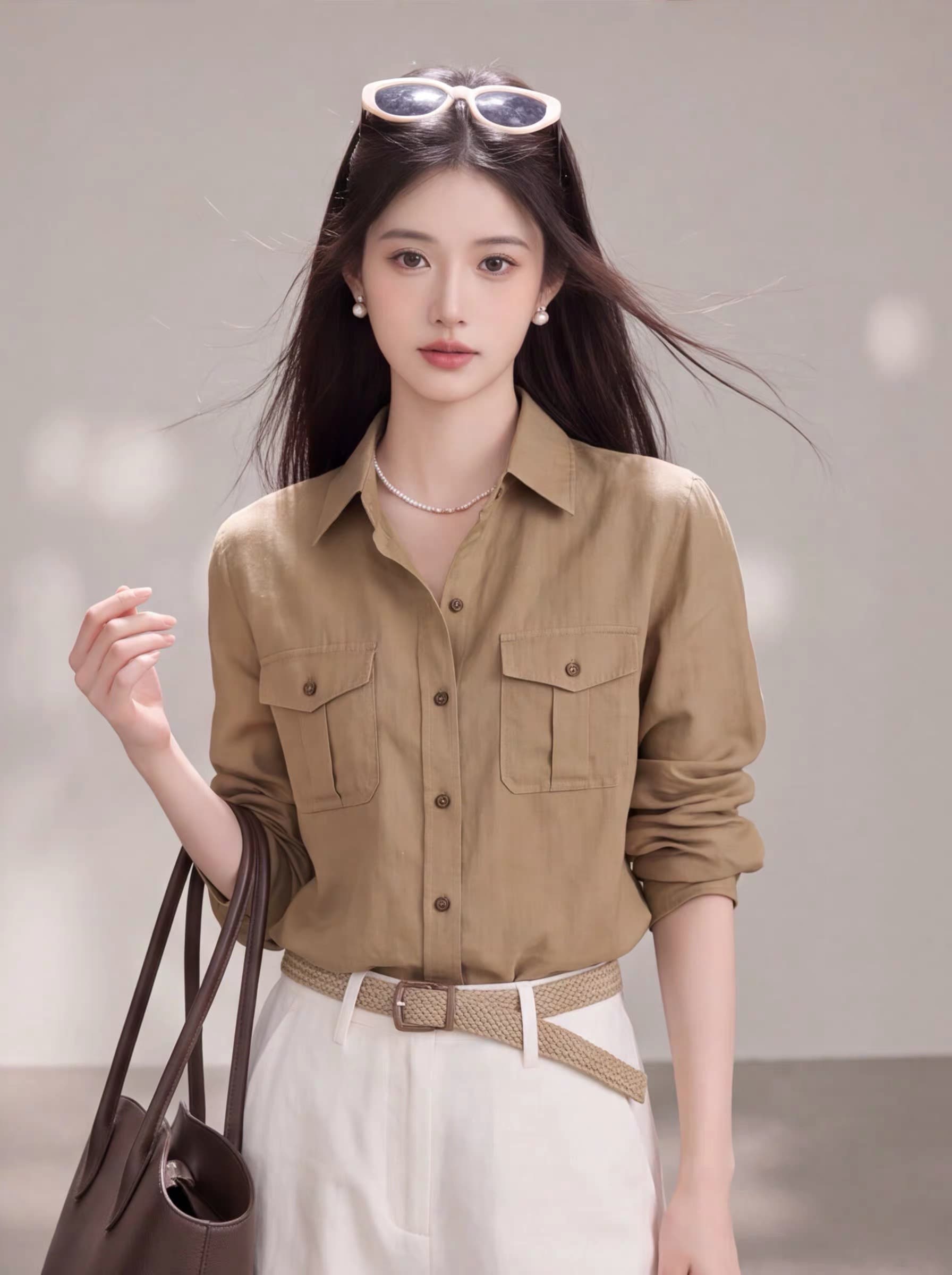 느슨함 센스 오래된 돈 바람 레트로 카키 색 더블 주머니 여성 셔츠 2026 가을 긴팔 루즈핏 디자인 센스 맨위 이미지 4