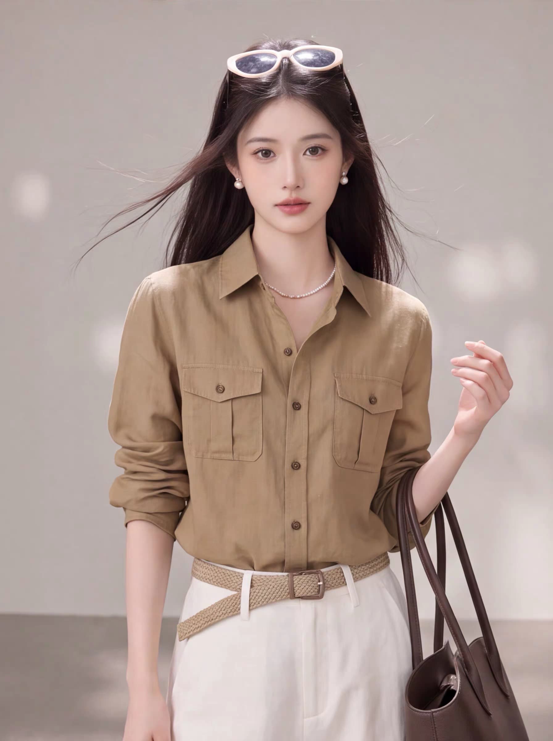 느슨함 센스 오래된 돈 바람 레트로 카키 색 더블 주머니 여성 셔츠 2026 가을 긴팔 루즈핏 디자인 센스 맨위 상세 이미지 1