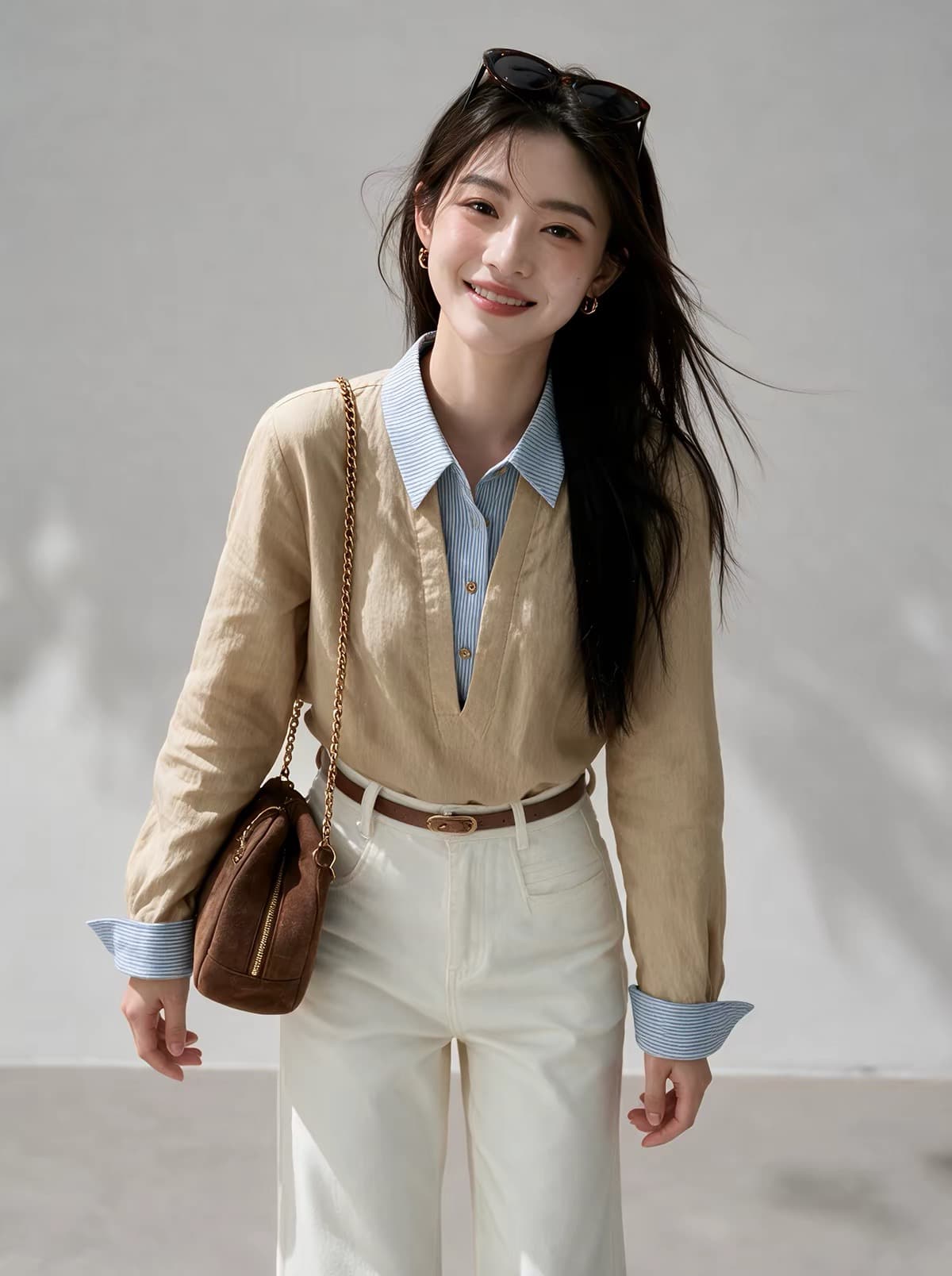 스물일곱 다용도 새로운 스트라이프 패치워크 셔츠 2026 가을 폴로 칼라 페이크 레이어드 여성 몸매 가꾸기 슬림해 보이는 맨위