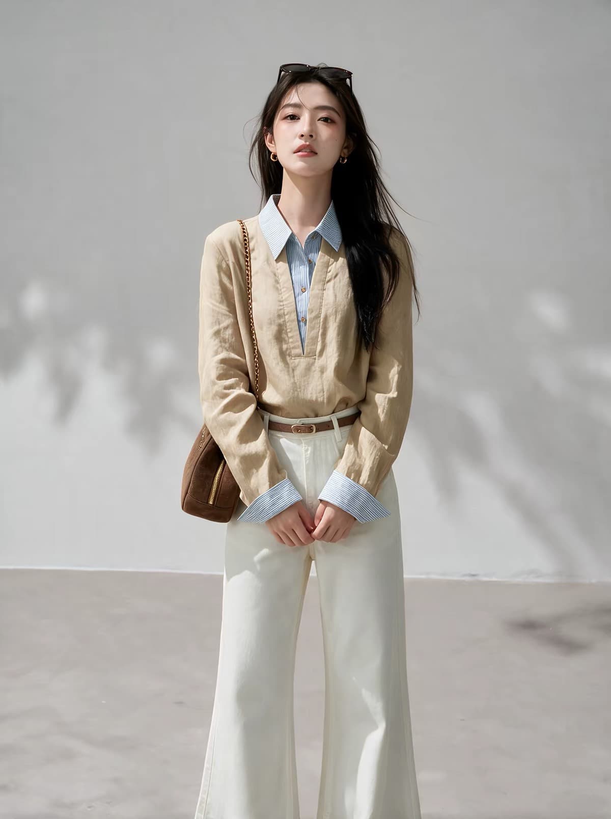 스물일곱 다용도 새로운 스트라이프 패치워크 셔츠 2026 가을 폴로 칼라 페이크 레이어드 여성 몸매 가꾸기 슬림해 보이는 맨위 상세 이미지 3