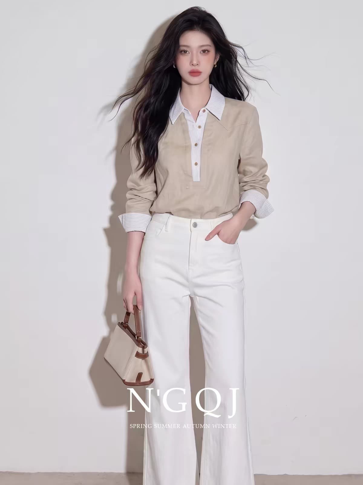 2026 이른 가을 새로운 프랑스식 디자인 센스 오래된 돈 바람 미니멀리즘 페이크 레이어드 셔츠 스트레이트 팬츠 투피스 슈트 슬림해 보이는 상세 이미지 2