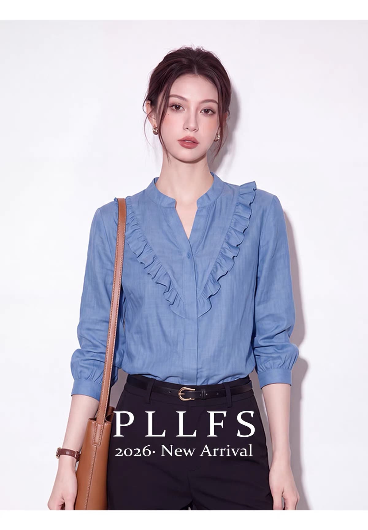 높음 지혜 센스 착용 가져 가라. 코치 사소한 맨위 슬림해 보이는 긴팔 파란색 V넥 프릴 디자인 센스 여성 셔츠 가을 이미지 2
