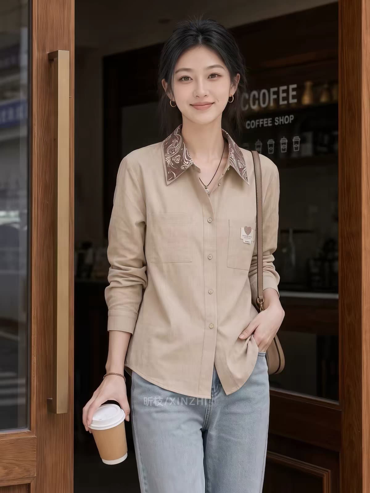2026 가을 새로운 빛 요리 한 미니멀리즘 바람 카키 색 폴로 칼라 셔츠 여성 긴 소매 품격 디자인 센스 출퇴근 맨위