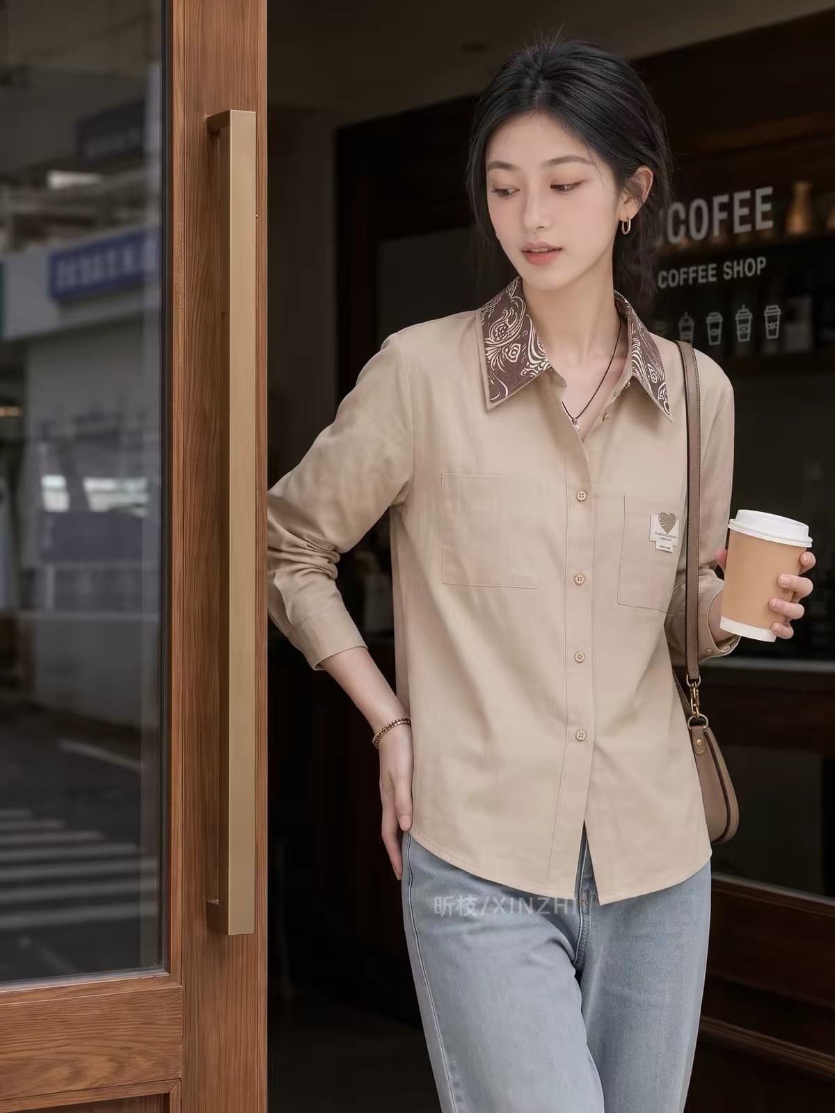2026 가을 새로운 빛 요리 한 미니멀리즘 바람 카키 색 폴로 칼라 셔츠 여성 긴 소매 품격 디자인 센스 출퇴근 맨위 이미지 4