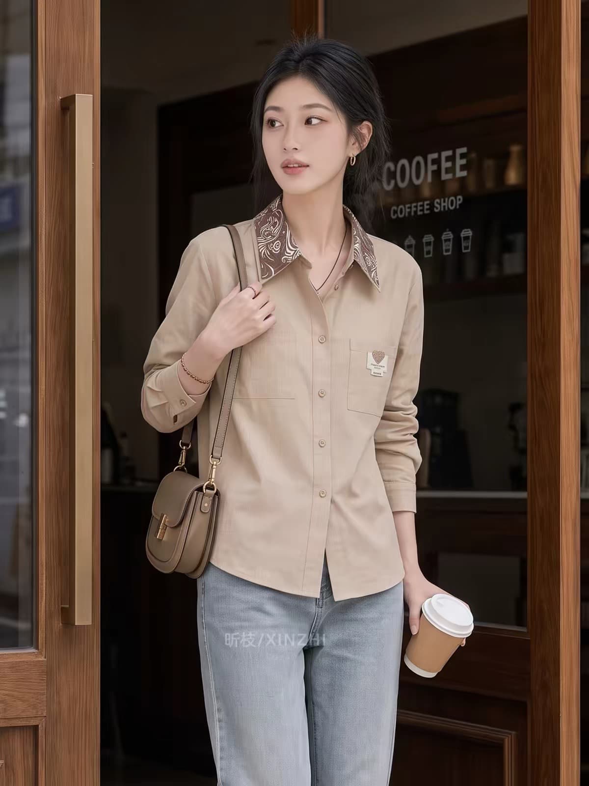 2026 가을 새로운 빛 요리 한 미니멀리즘 바람 카키 색 폴로 칼라 셔츠 여성 긴 소매 품격 디자인 센스 출퇴근 맨위 상세 이미지 3