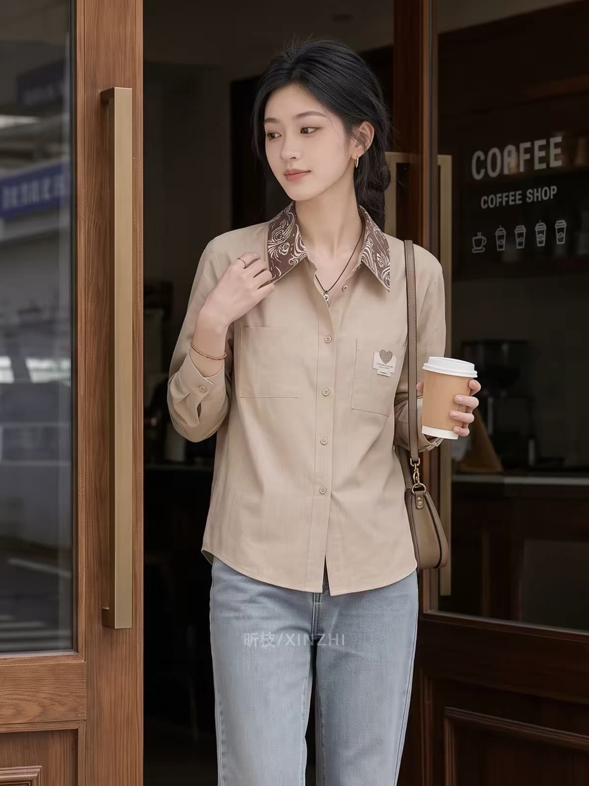 2026 가을 새로운 빛 요리 한 미니멀리즘 바람 카키 색 폴로 칼라 셔츠 여성 긴 소매 품격 디자인 센스 출퇴근 맨위 상세 이미지 4