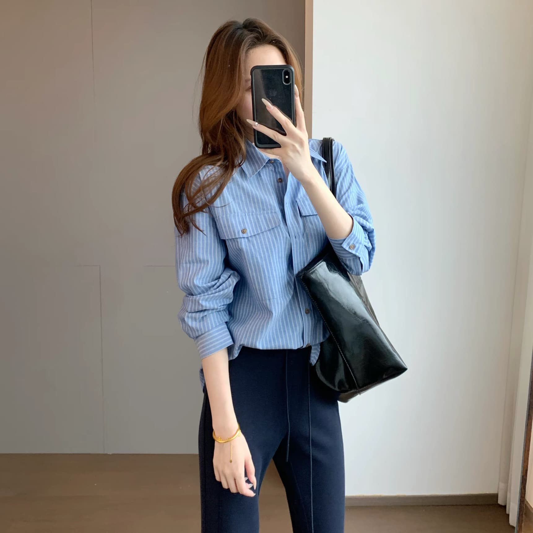 thewow 높음 지혜 센스 면 린넨 손 맵시 부드럽다 얇고 가벼운 막대기 가방 루즈핏 에디션 폴로 칼라 긴팔 스트라이프 셔츠 봄 새로운