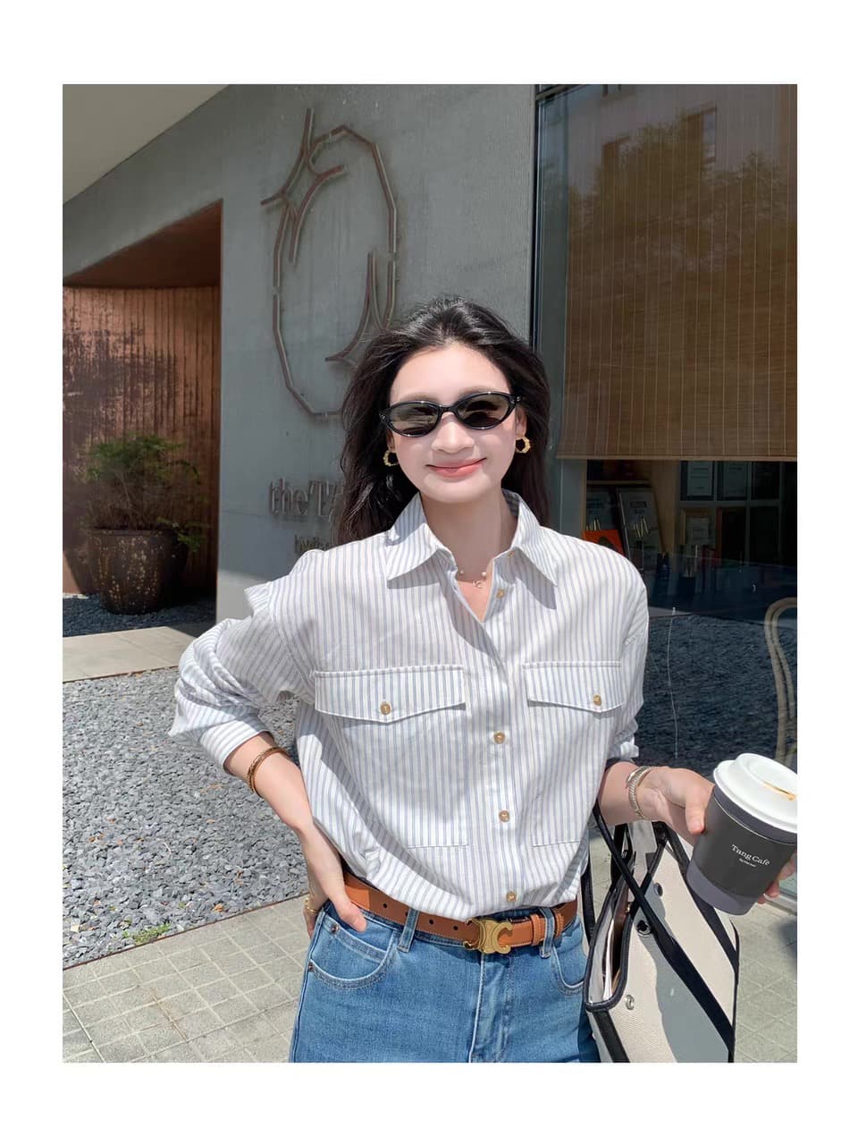 fol else 해군 블루스 한 부서 문예 출퇴근 스트라이프 긴팔 여성 셔츠 루즈핏 에디션 폴로 칼라 셔츠 이미지 4