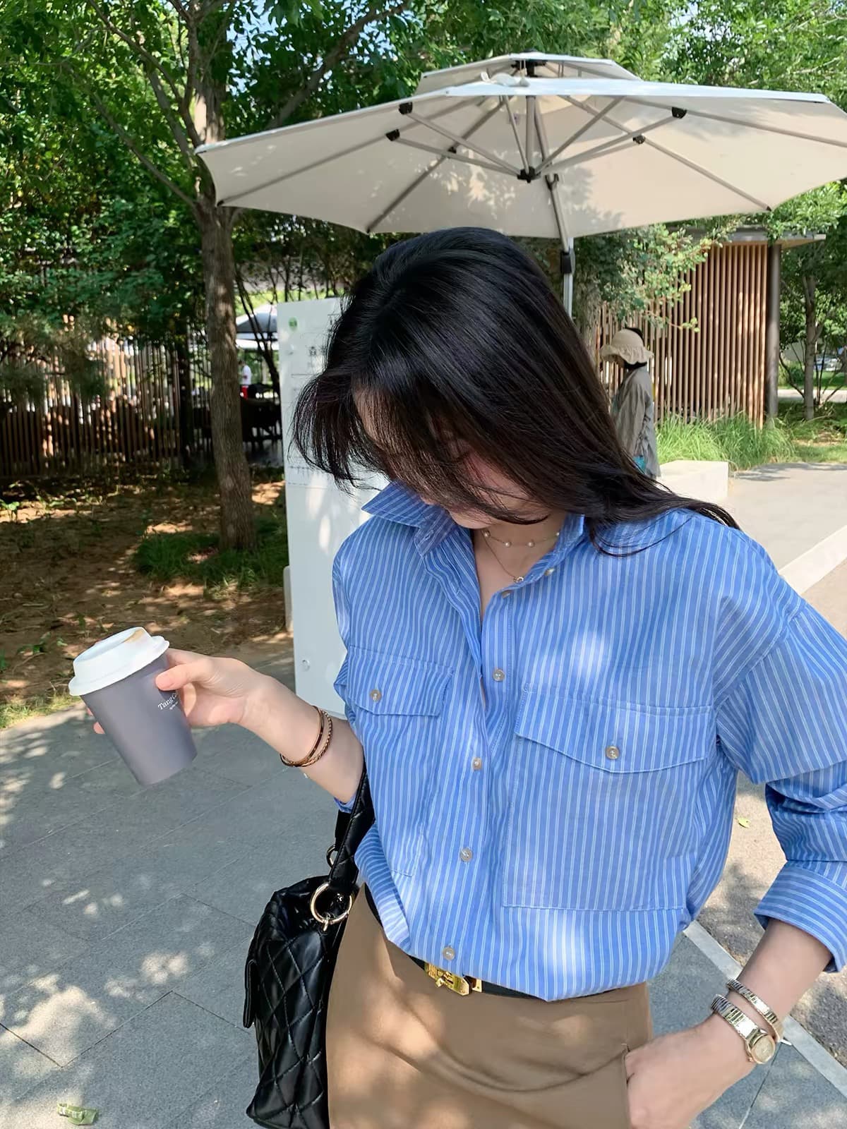 fol else 해군 블루스 한 부서 문예 출퇴근 스트라이프 긴팔 여성 셔츠 루즈핏 에디션 폴로 칼라 셔츠 상세 이미지 1