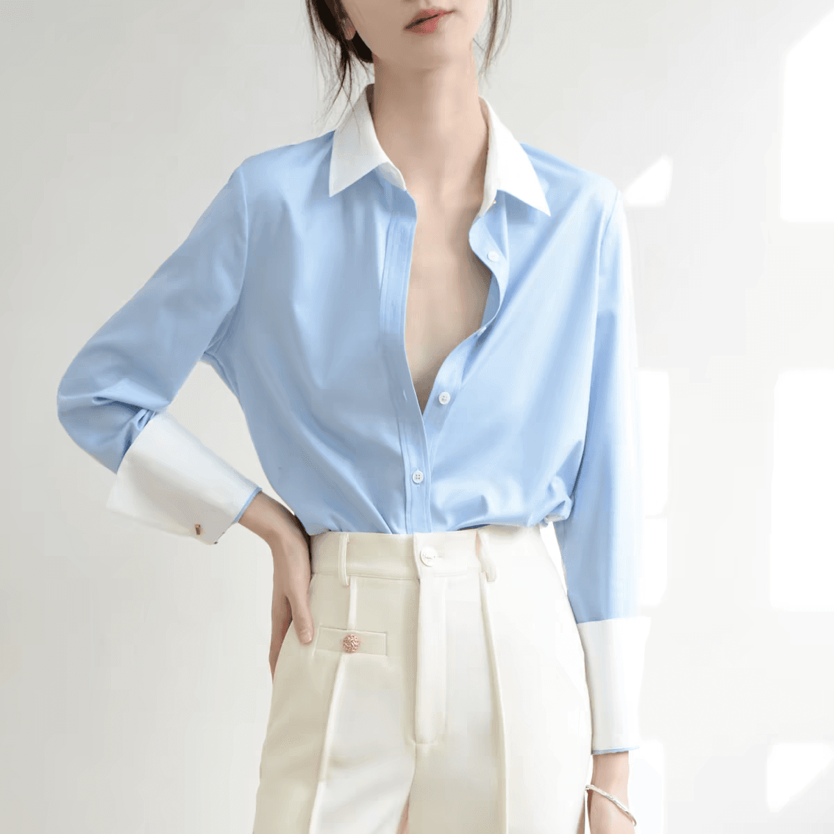 trr 배색 개인 소유 fashion 품격 마이크로 루즈핏 긴팔 new 블루 여성 셔츠 디자인 센스 미니멀리즘 맨위