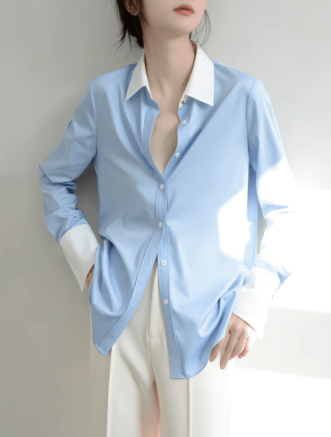 trr 배색 개인 소유 fashion 품격 마이크로 루즈핏 긴팔 new 블루 여성 셔츠 디자인 센스 미니멀리즘 맨위 이미지 2