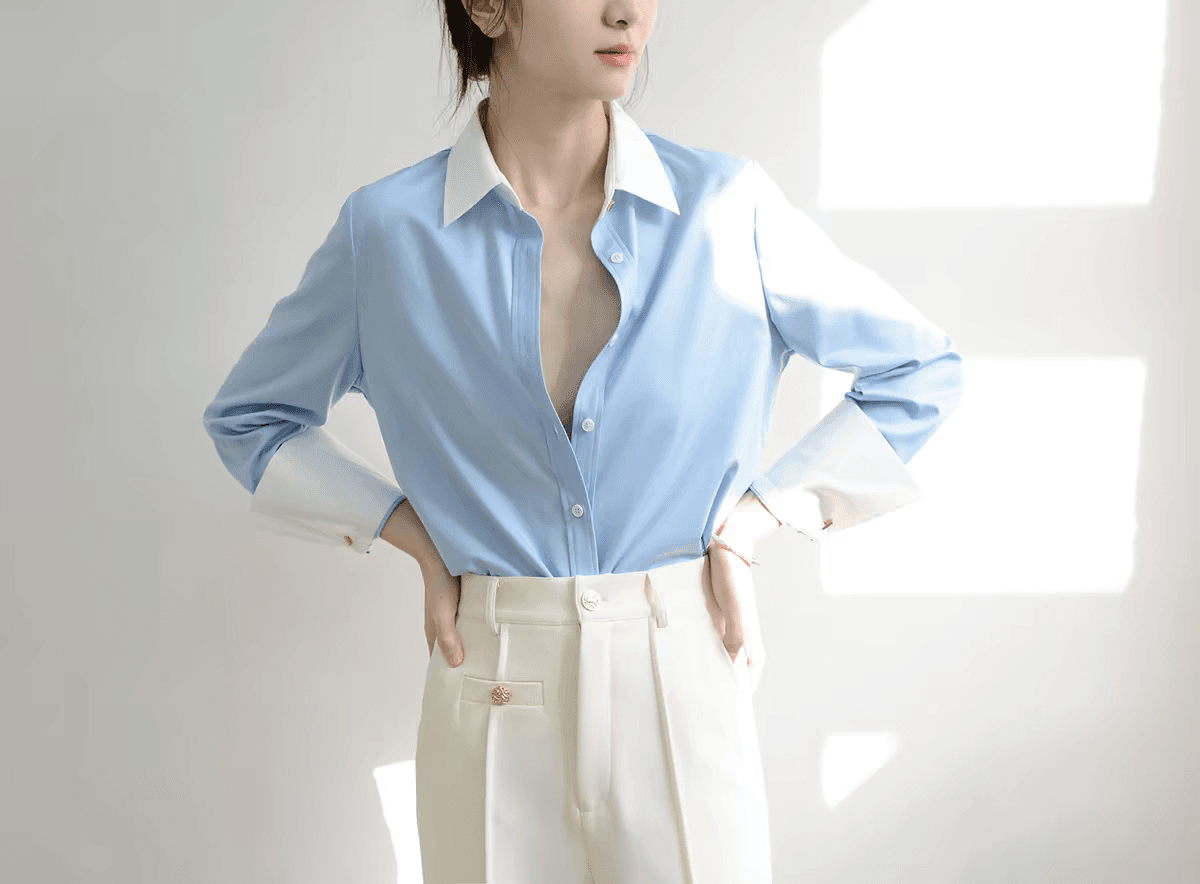 trr 배색 개인 소유 fashion 품격 마이크로 루즈핏 긴팔 new 블루 여성 셔츠 디자인 센스 미니멀리즘 맨위 이미지 3
