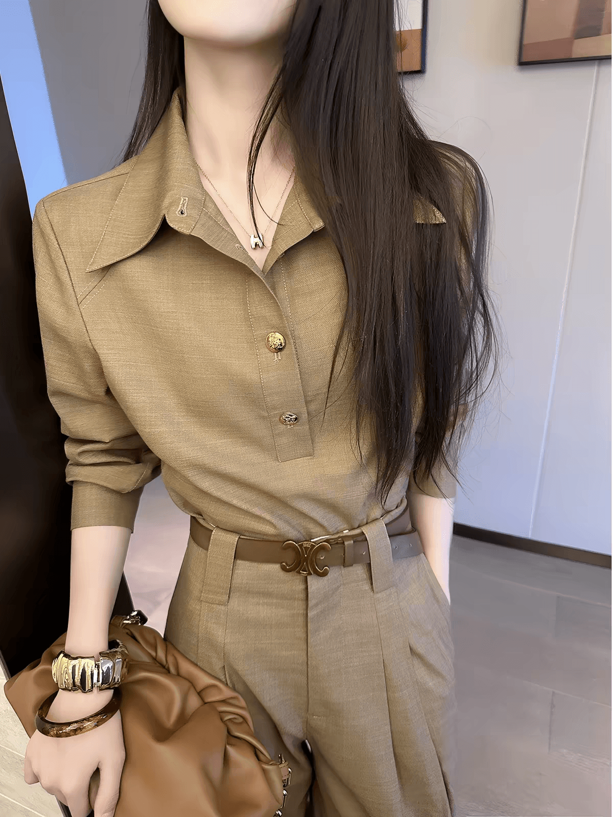 pinkeen 커피 색상 오래된 돈 바람 POLO 칼라 풀오버 여성 셔츠 가을 2026 새로운 다용도 품격 긴팔 맨위 상세 이미지 1
