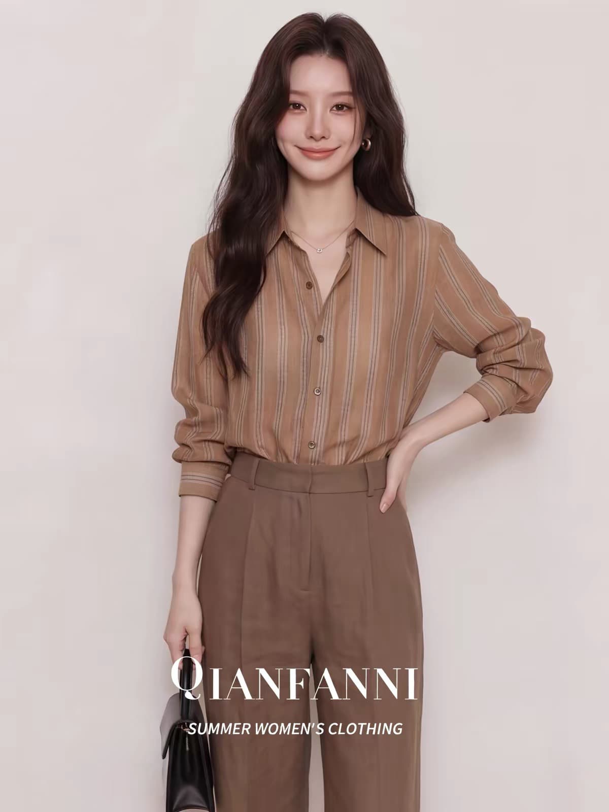 한 부서 가을 지식인 바람 스트라이프 셔츠 여성 긴 소매 폴로 칼라 직장 높음 지혜 센스 착용 가져 가라. 다용도 섹션 맨위 상세 이미지 2