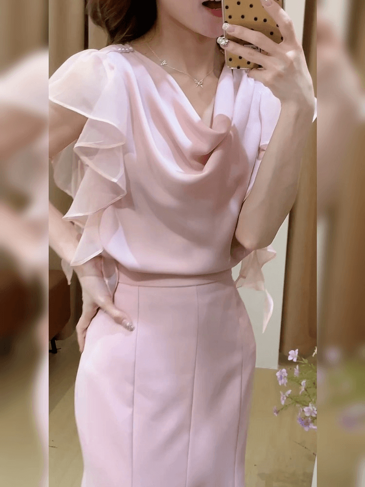 순수한 욕망 바람 흔들다 칼라 새틴 프릴 리본 셔츠 프랑스식 품격 불규칙 다용도 고유 한 Chic 맨위 여성 이미지 4