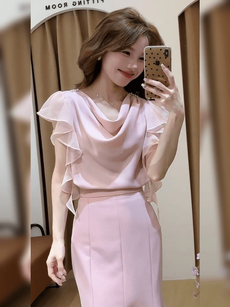순수한 욕망 바람 흔들다 칼라 새틴 프릴 리본 셔츠 프랑스식 품격 불규칙 다용도 고유 한 Chic 맨위 여성 상세 이미지 5