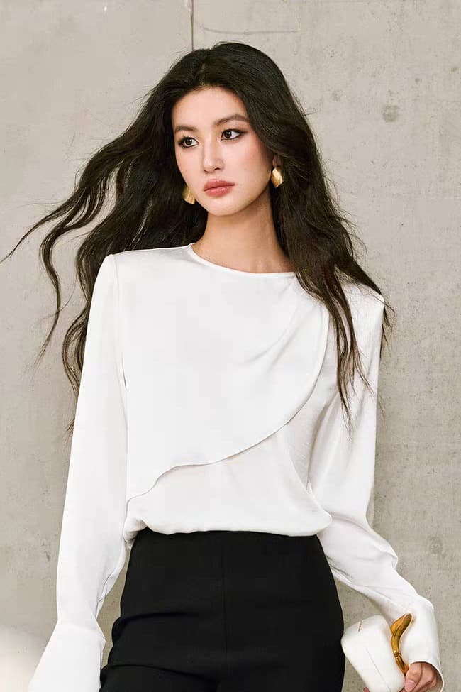 wangxo 부드러운 빛 실크 미끄러짐 양면 공단 중복 가져 가라. 조각 금속 袢 수공 핀치 Pleat 리본 루즈핏 셔츠 이미지 6
