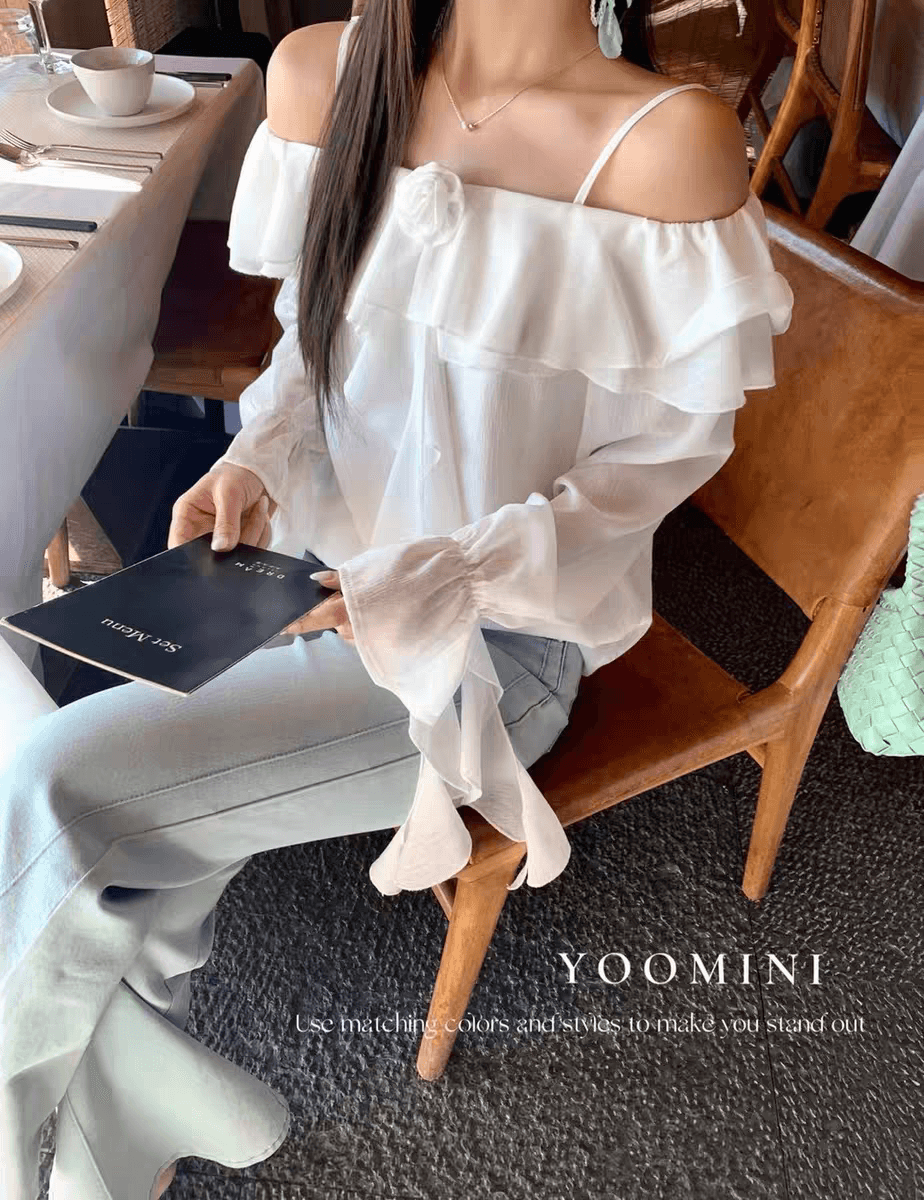 2026 이른 봄 부드러운 바람 프릴 오프숄더 시폰 셔츠 여성 꽃 장식 요정 가스 의류 상세 이미지 21