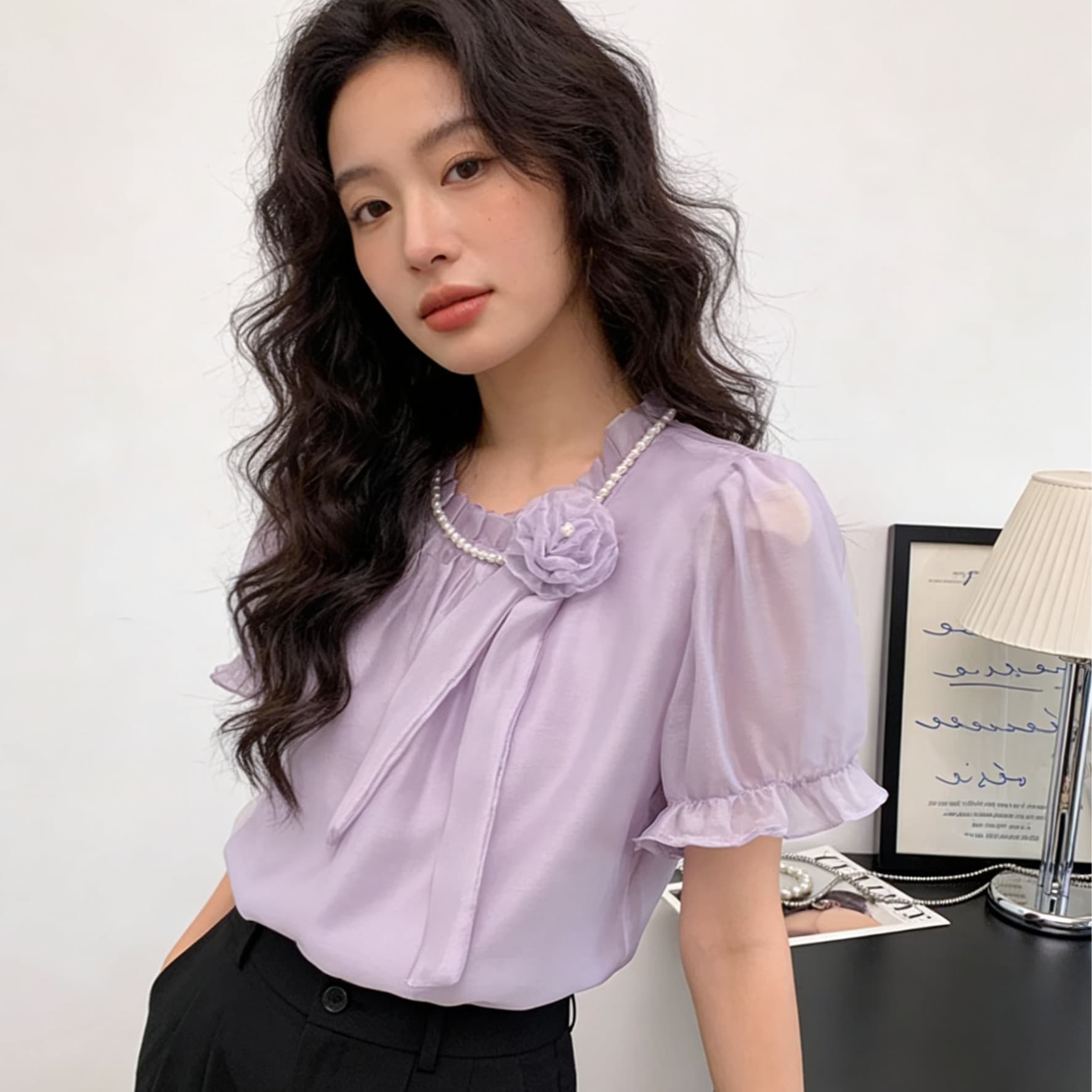 실사 여름 새로운 진주 장미 리본 명문 여성 바람 품격 여성 셔츠 절묘한 보라색 고급 센스 맨위 여성 이미지 2