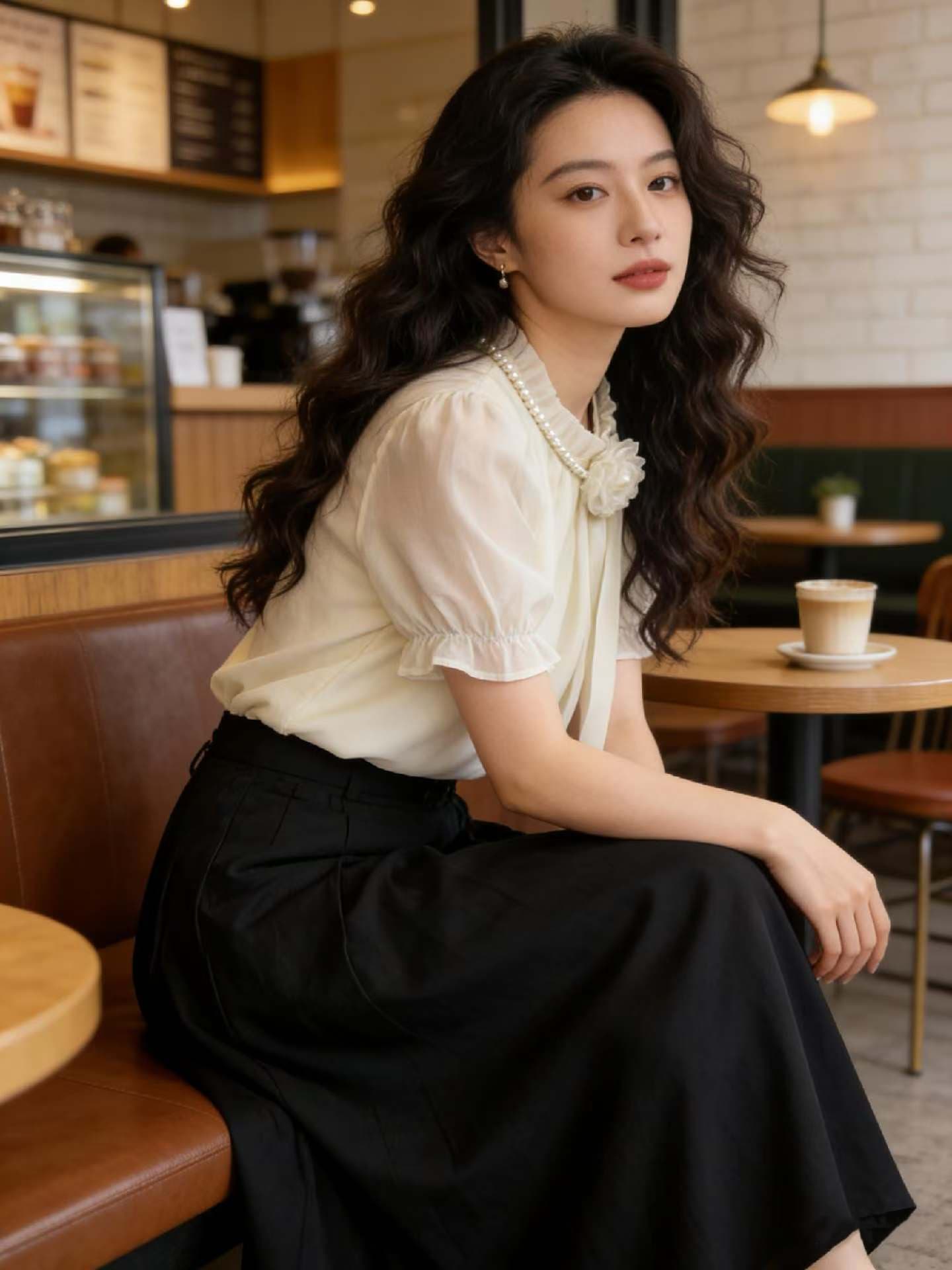 실사 여름 새로운 진주 장미 리본 명문 여성 바람 품격 여성 셔츠 절묘한 보라색 고급 센스 맨위 여성 상세 이미지 15