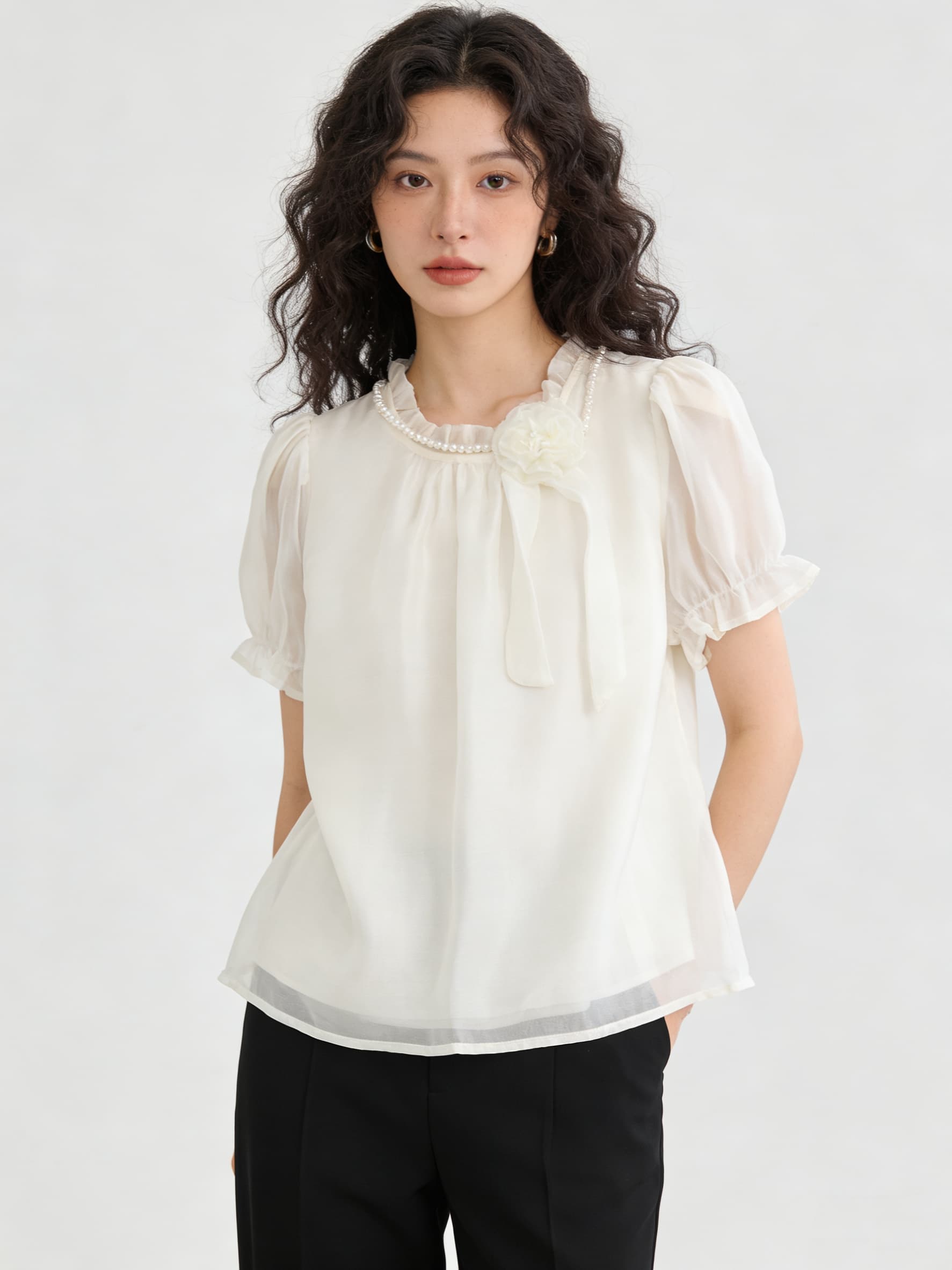 프랑스식 고급 센스 3 차원 꽃 반팔 여성 셔츠 2026 여름 새로운 고유 한 Chic 루즈핏 쉬폰 톱 이미지 3