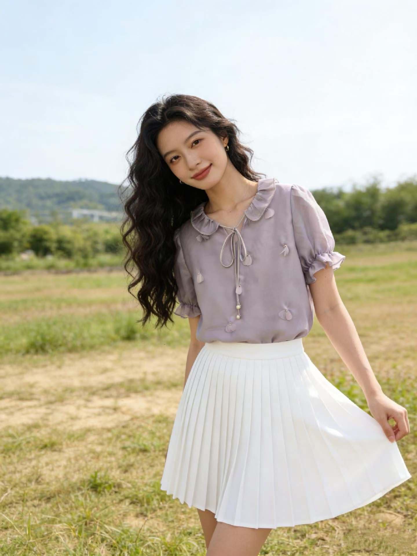 실사 프랑스식 반팔 셔츠 2026 새로운 여성 여름 3 차원 꽃 루즈핏 셔츠 트렌드 보라색 맨위 상세 이미지 1