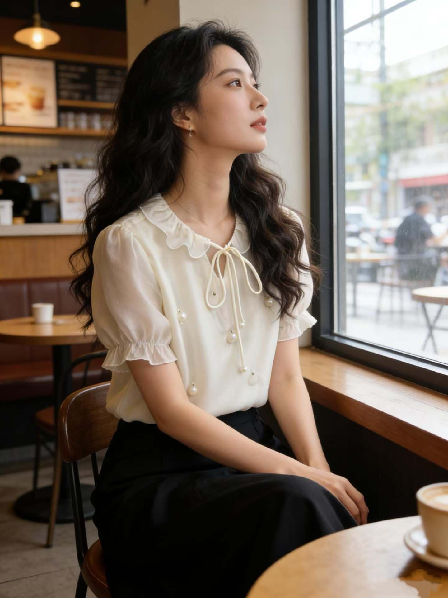 실사 프랑스식 반팔 셔츠 2026 새로운 여성 여름 3 차원 꽃 루즈핏 셔츠 트렌드 보라색 맨위 상세 이미지 15