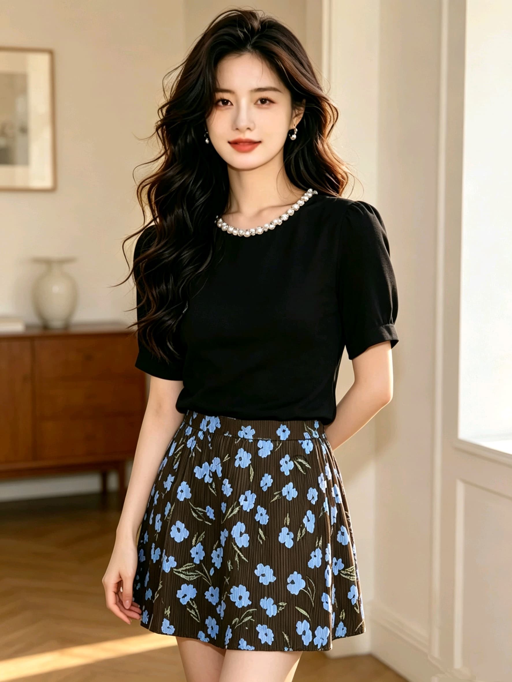 레트로 추상 프린트 주름 반신 스커트 여성 2026 여름 신제품 꽃무늬 한 마디 타이트 스커트 슬림해 보이는 쇼트 스타일 치마 상세 이미지 2